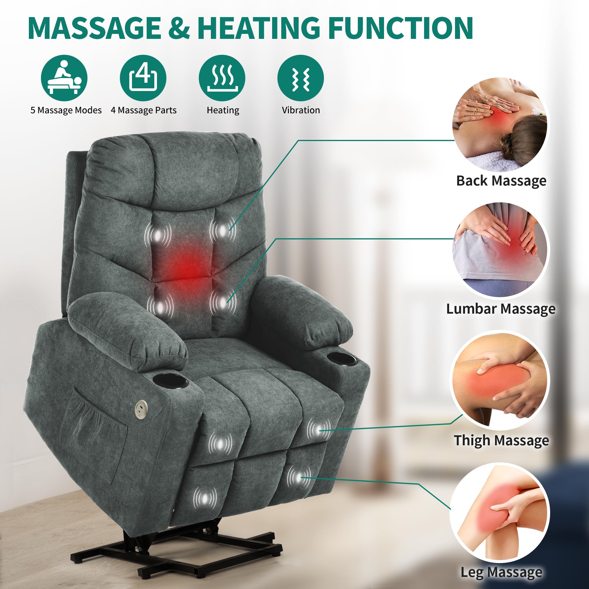YITAHOME Power Lift Recliner Chair, Modern Fabric Recliner Chair with Massage and Heat, Spacious Seat, USB Ports, Cup Holders, Remote Control, Suitable for Living Room Dark Grey2