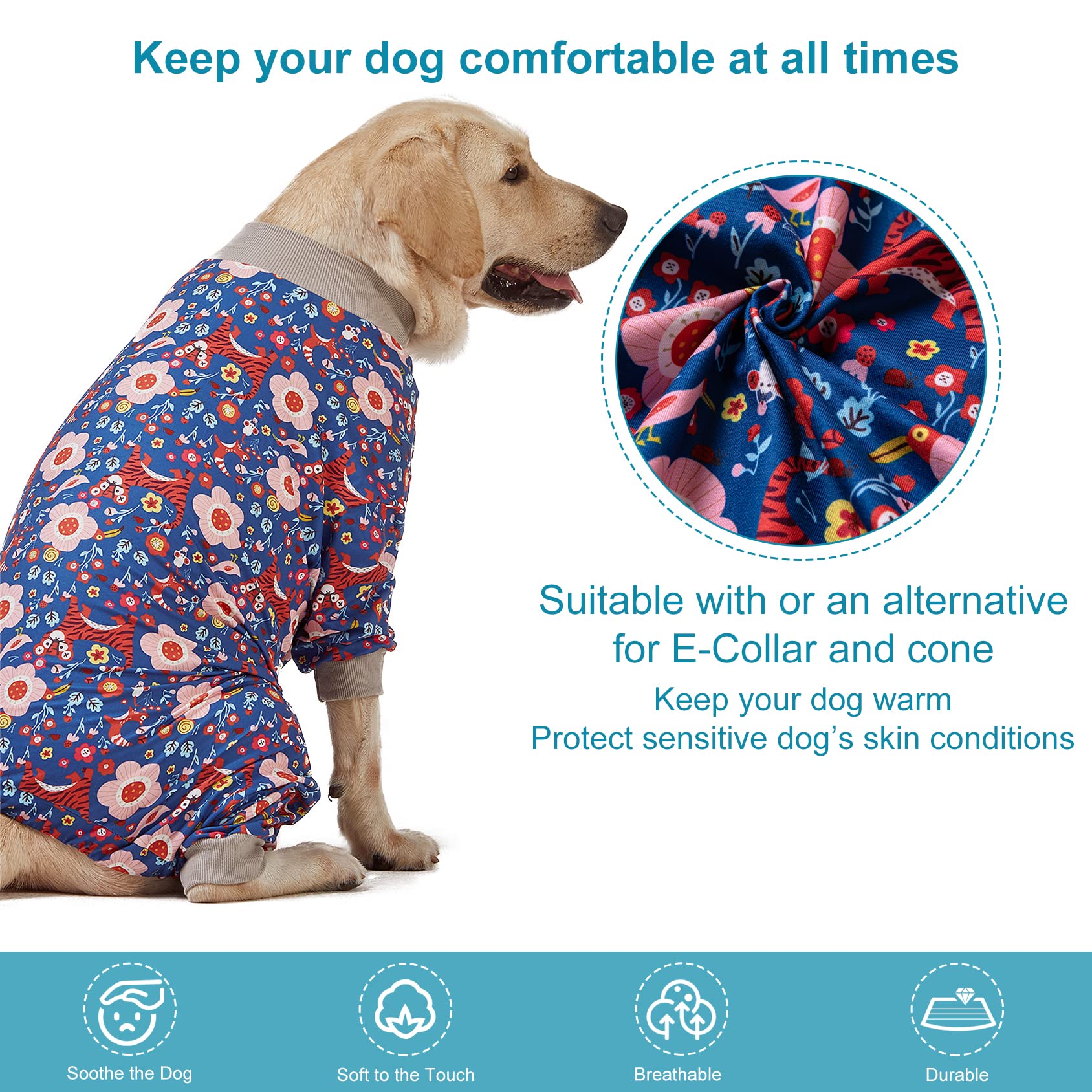 LovinPet Pit Bull Pajamas Large Dogs PJS - Tiger Garden Blue and Pink Print/Lightweight Stretchy Knit Big Dog Pullover Jammies, Large Breed Dog Pajamas, Pet PJ's /3XL