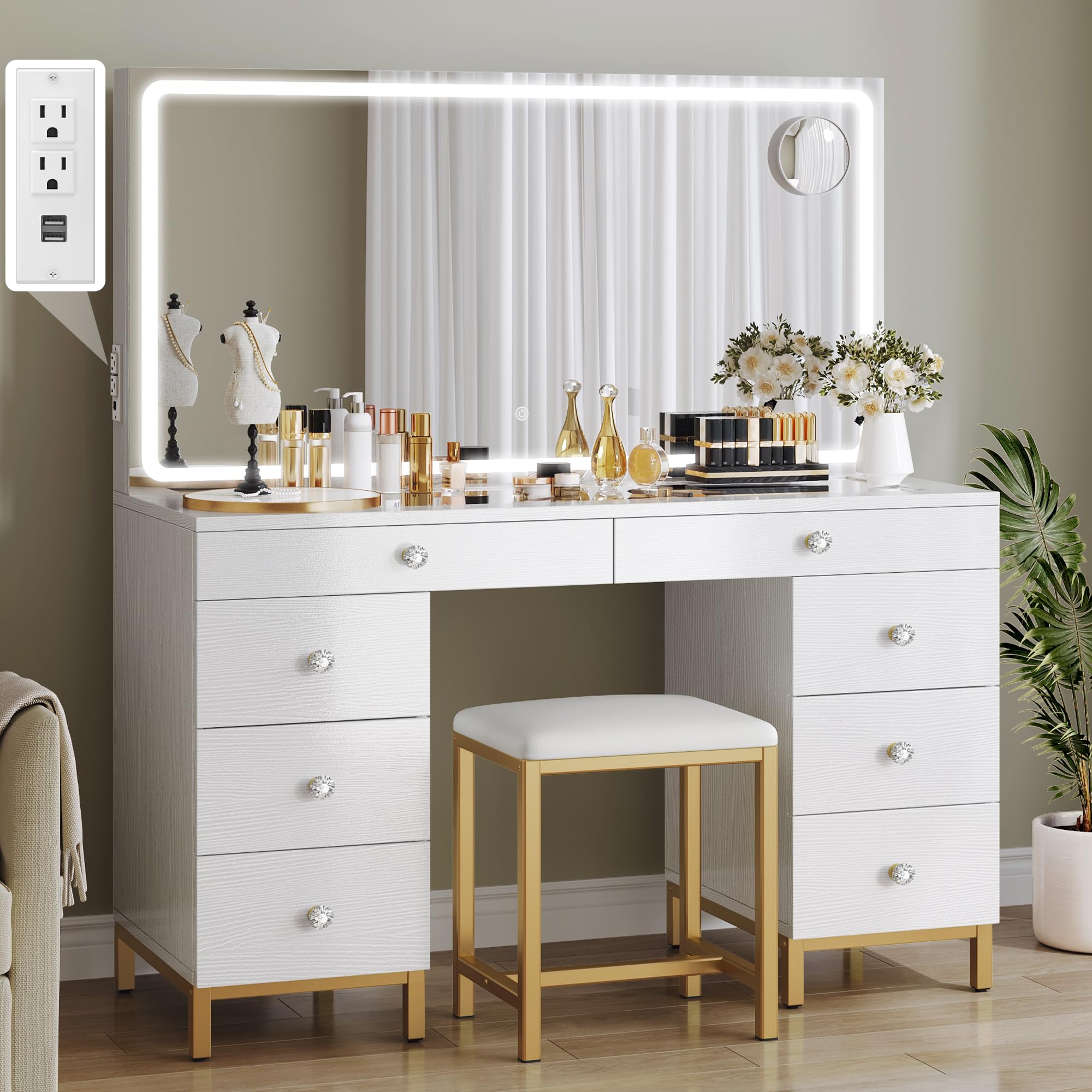 YITAHOME Vanity Desk with Mirror, Power Outlet and Magnifying Glass, Dressing Table Set with Chair, Makeup Vanity Table with Stool, 8 Drawers, Adjustable 3 Lighting Colors, White