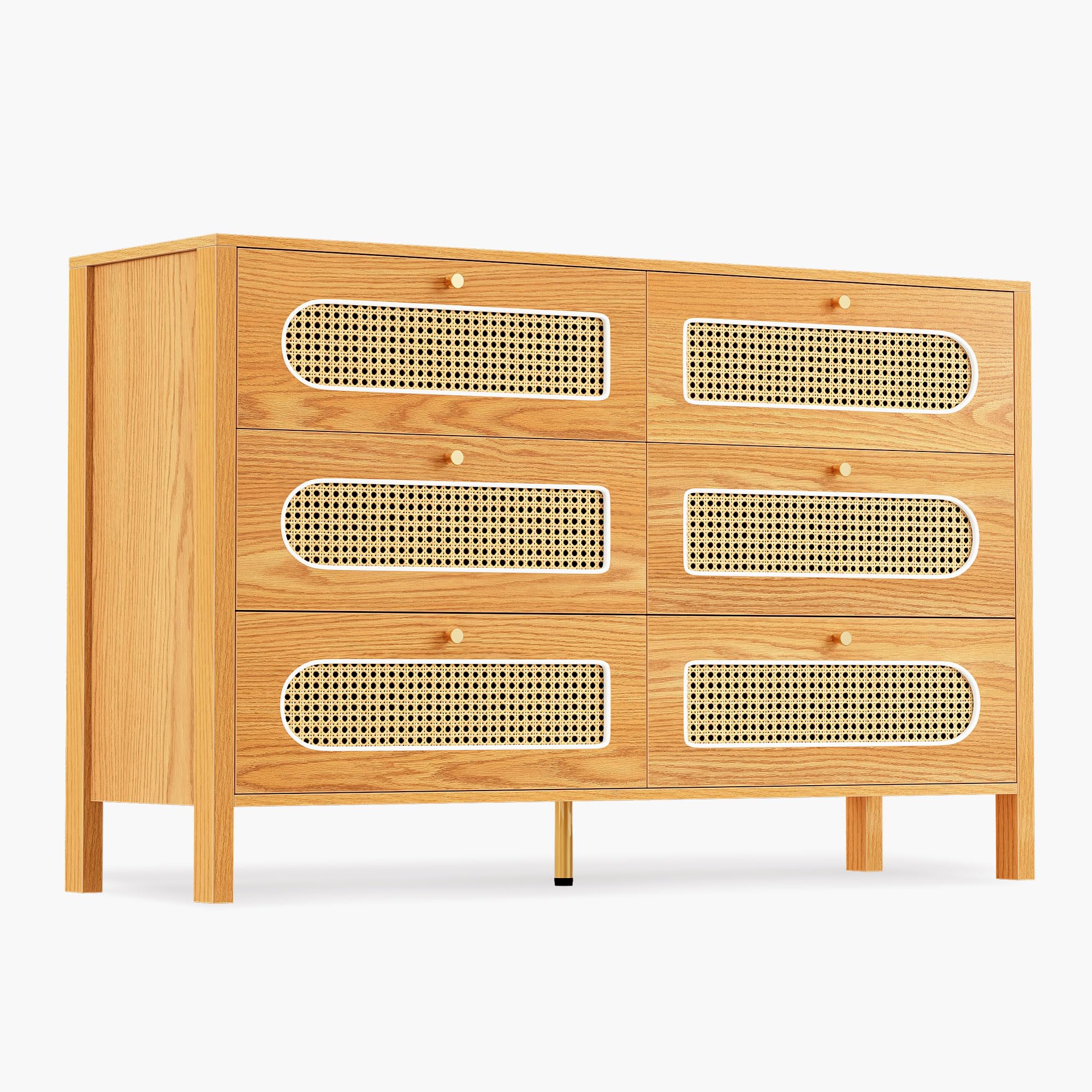 DWVO Buffet Cabinet Rattan - Storage Cabinet with 6 Wood Storage Closet Dressers Chest - Coffee Bar Cabinet with Drawer-Accent Cabinet with Golden Handles for Living Room/Dining Room/Entryway-Natural