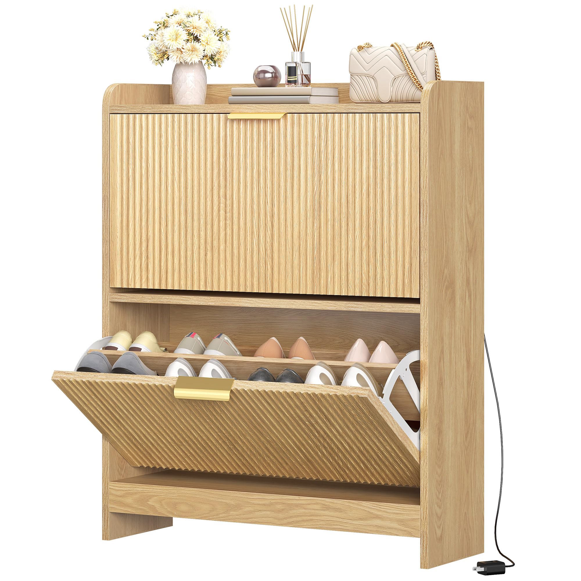 DWVO Narrow Fluted Shoe Cabinet with Air-Purifier, Shoe Storage Cabinet with 2 Flip Drawer, Adjustable or Removable Hidden Shoe Rack Free Standing Shoe Cabinet Organizer for Entryway,Hallway-Natural