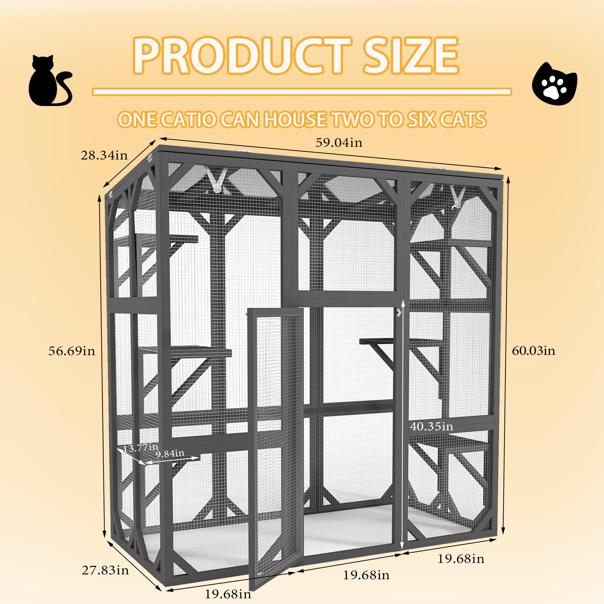 60'' Catio Outdoor Cat Enclosure Large Cat House for Mulitiple Cats Walk in Kitty Cage with Waterproof Roof, 6 Jumping Platform, Wooden Walk-in Cats Shelter, Grey
