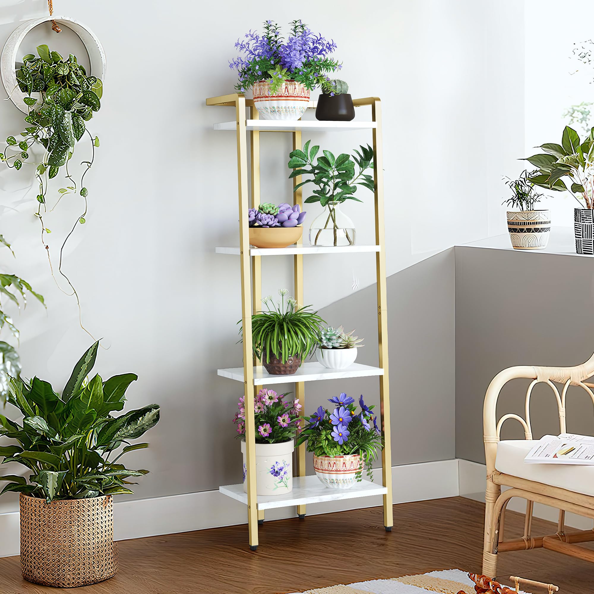 GarveeHome 4 Tier Ladder Shelf, Free Standing Gold Book Shelf, Gold Bookcase with Metal Frame, Display Bookcase, Plant Rack, Accent Furniture for Home Office, White and Golden