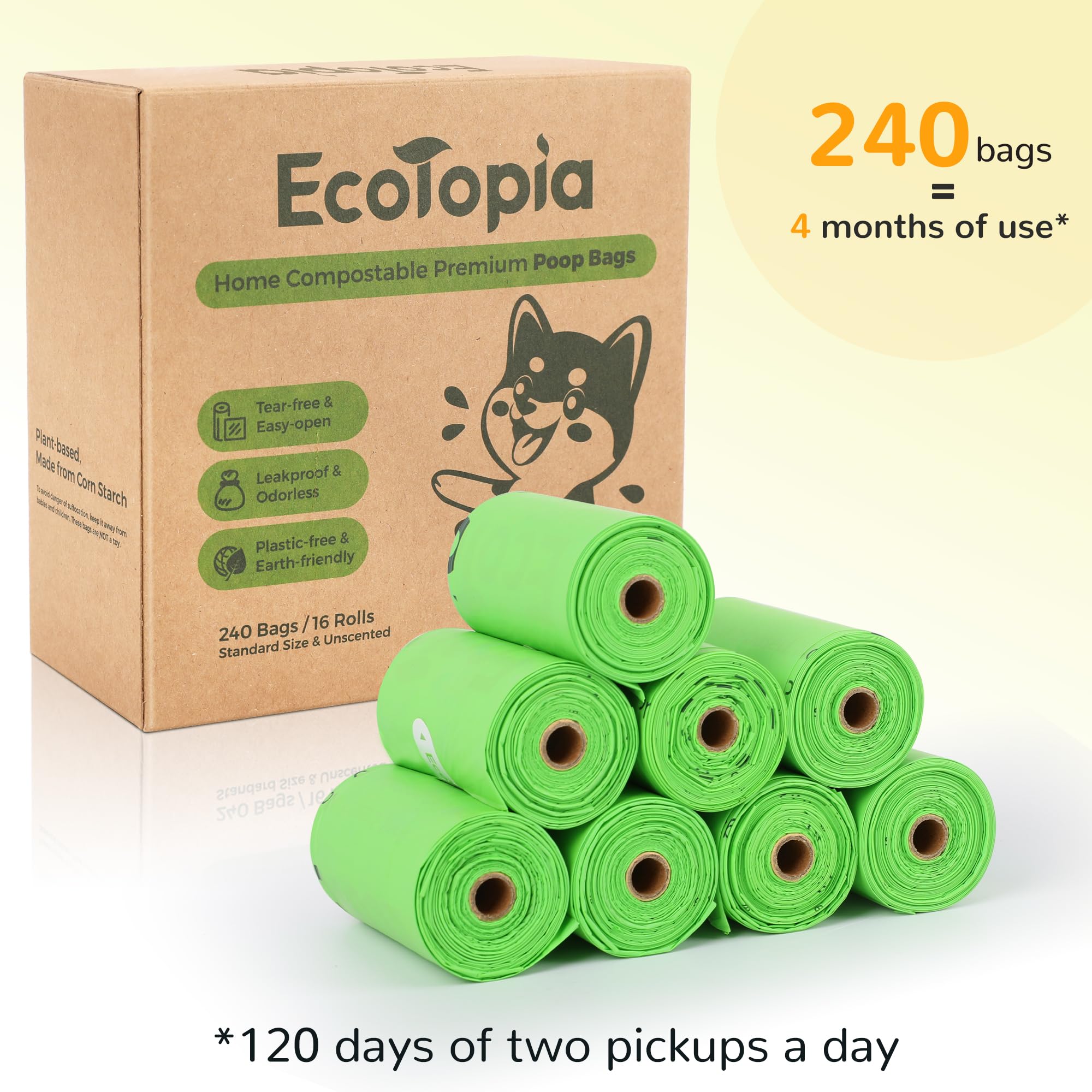 Tear-Free Dog Poop Bags Rolls and Recyclable Poop Bags Dispenser, ASTM D6400 & EN 13432 Compliant Dog Waste Bags,Extra Thick&Leakproof,240Bags,Light Green