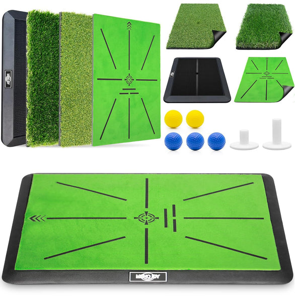 MONOJOY Golf Hitting Mats with Golf Tees Practice Indoor 3 PCS Replaceable Outdoor Golf Putting Chipping Artificial Dual Turf Training Mats Velvet Practice with No-Slip Heavy Duty Rubber Base