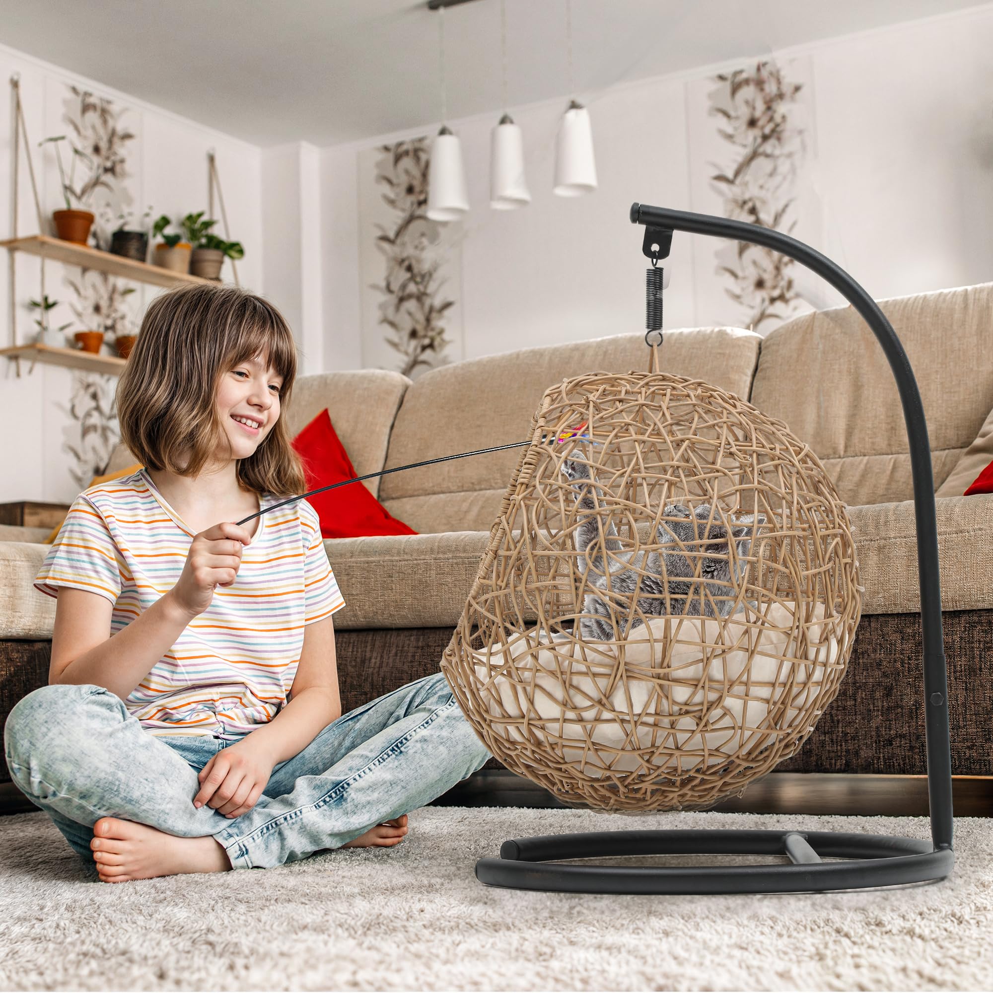 YITAHOME Cat Swing Bed with Stand & Cushion, Cat Egg Chair with Rattan Wicker Appearance, Indoor Hanging Swinging Cat Bed for Cats, Small Dogs, and Small Animals, Orange