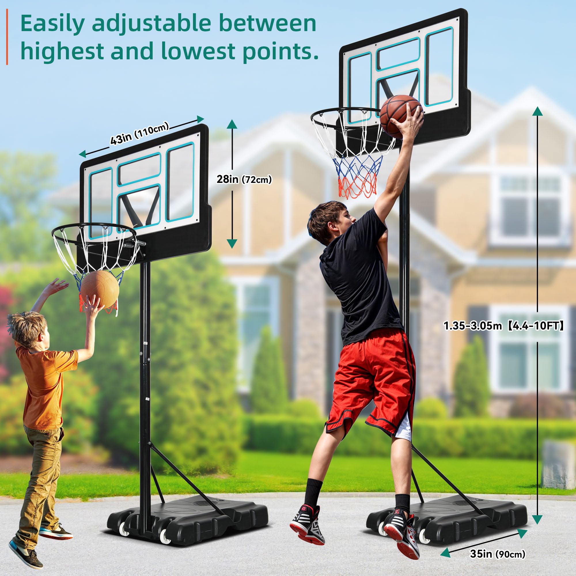 YITAHOME Basketball Hoop Outdoor 10 FT Adjustable, Portable Basketball Goals for Outside, 4.4-10FT Height Adjust, 44in Backboard and 18in Rim