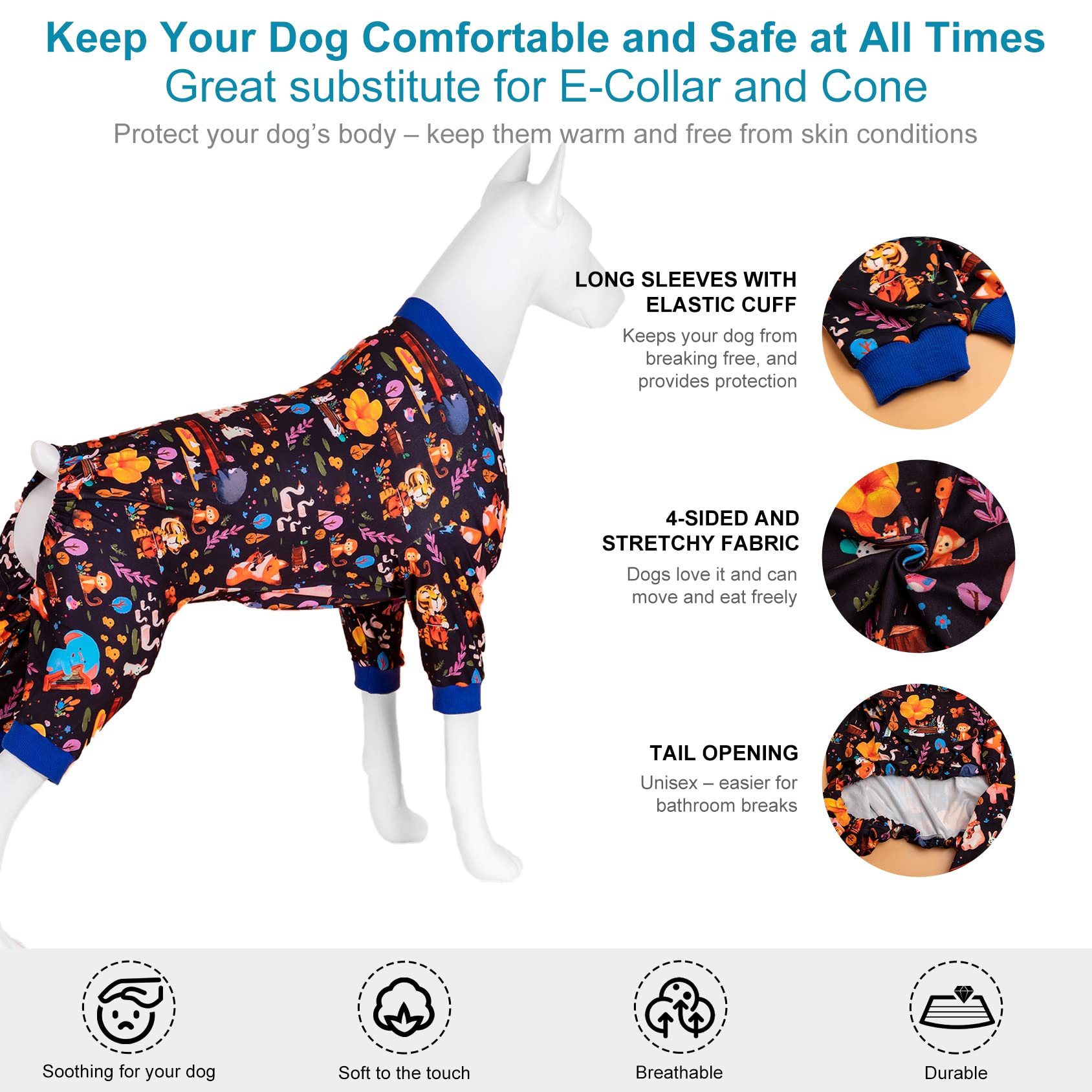 LovinPet Full Onesie for Large Dog, Lightweight Stretchy Fabric, Woodland Musicians Black Print, Pet Pajamas for Dogs, UV Protection, Lage Breed Dog Jammies, Pet PJ's, Pitbull Clothes, 2XL