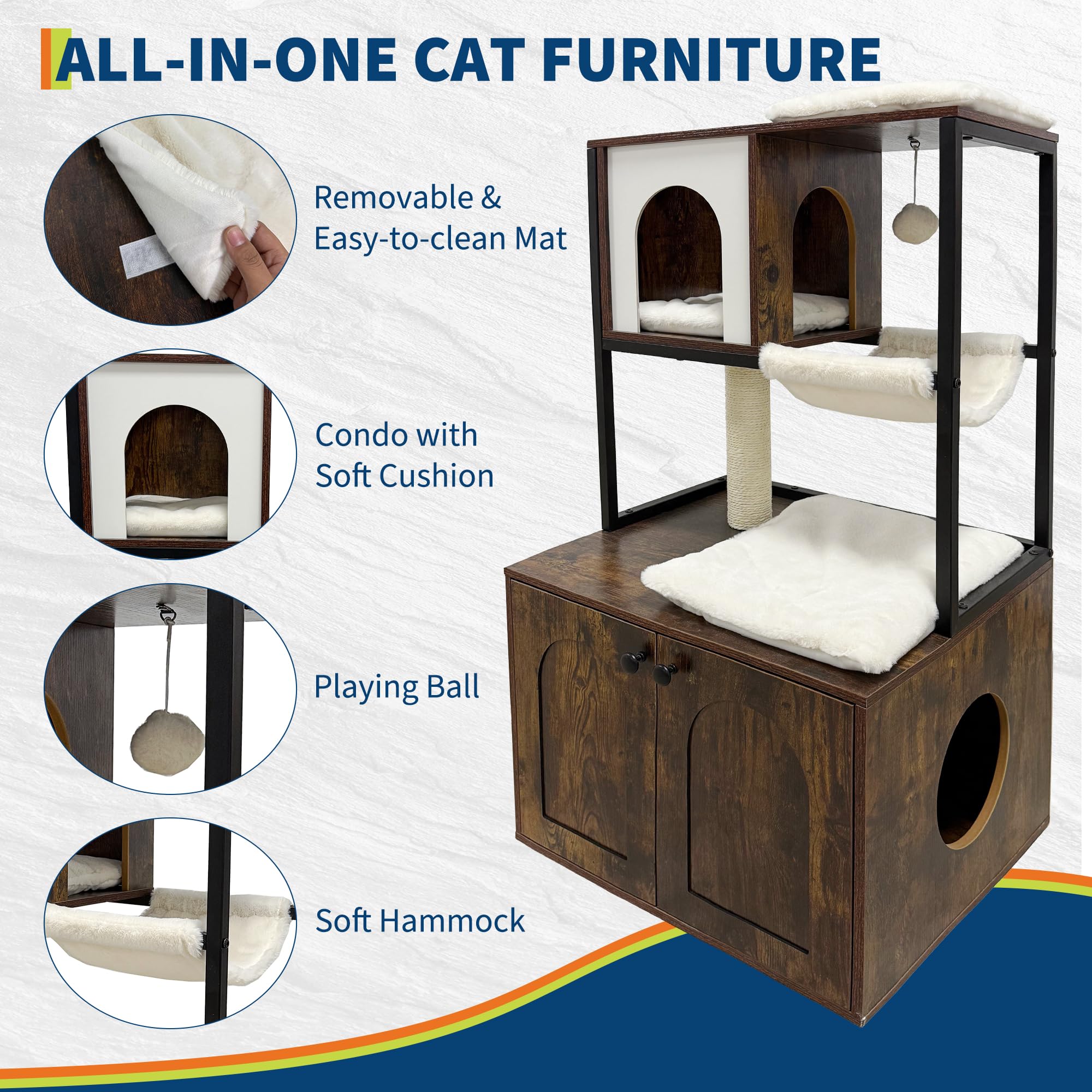 Litter Box Enclosure with Cat Tree, Corner Kitty Litter Box Enclosure Furniture Dog Proof Wooden Cats Cabinet with Condo, Plush Hammock, Scratching Post and Play Ball