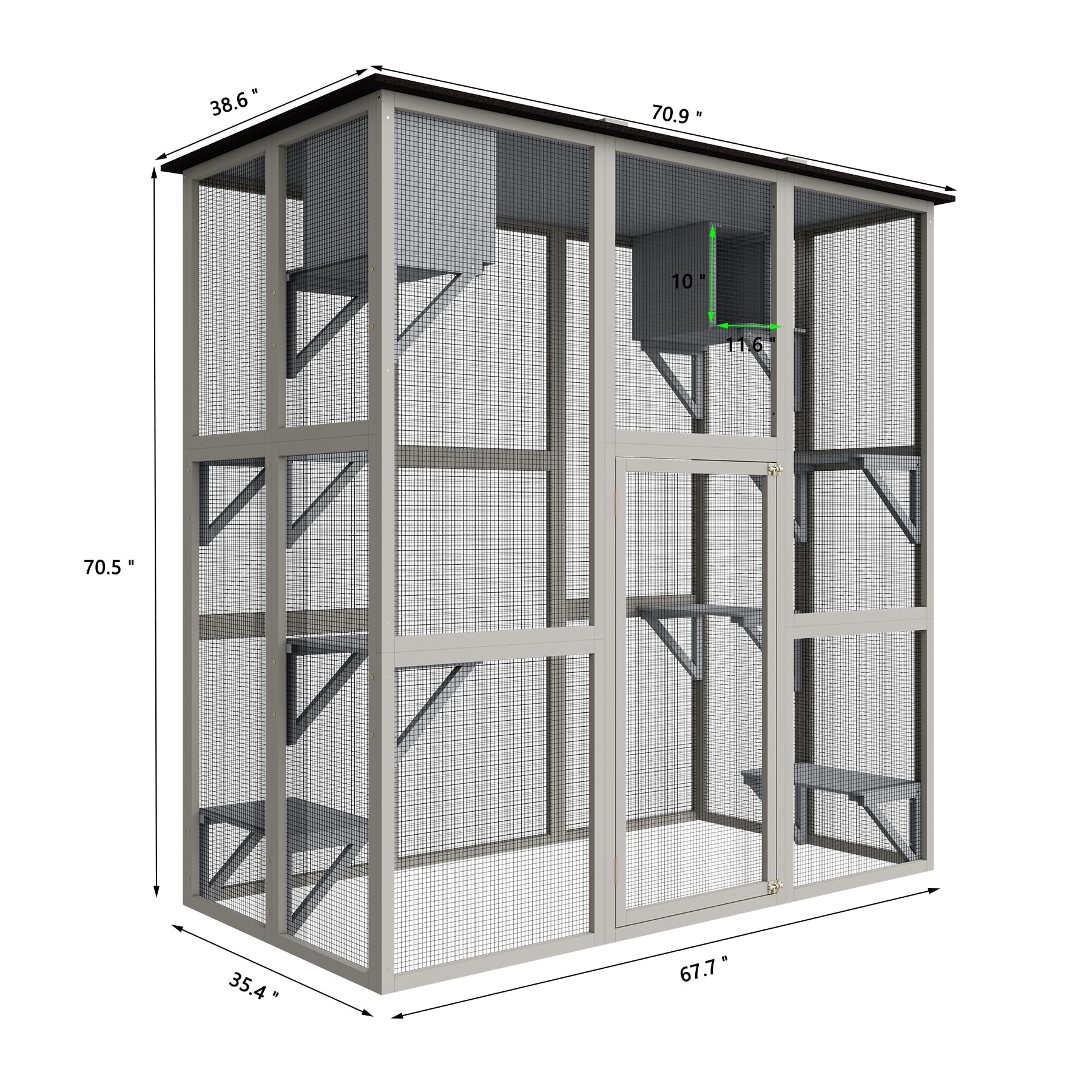 Catio Outdoor Cat Enclosure, Large Walk in Cat Cage, Wood Cat House for Cats with Six Platforms, Large Door, Waterproof Roof