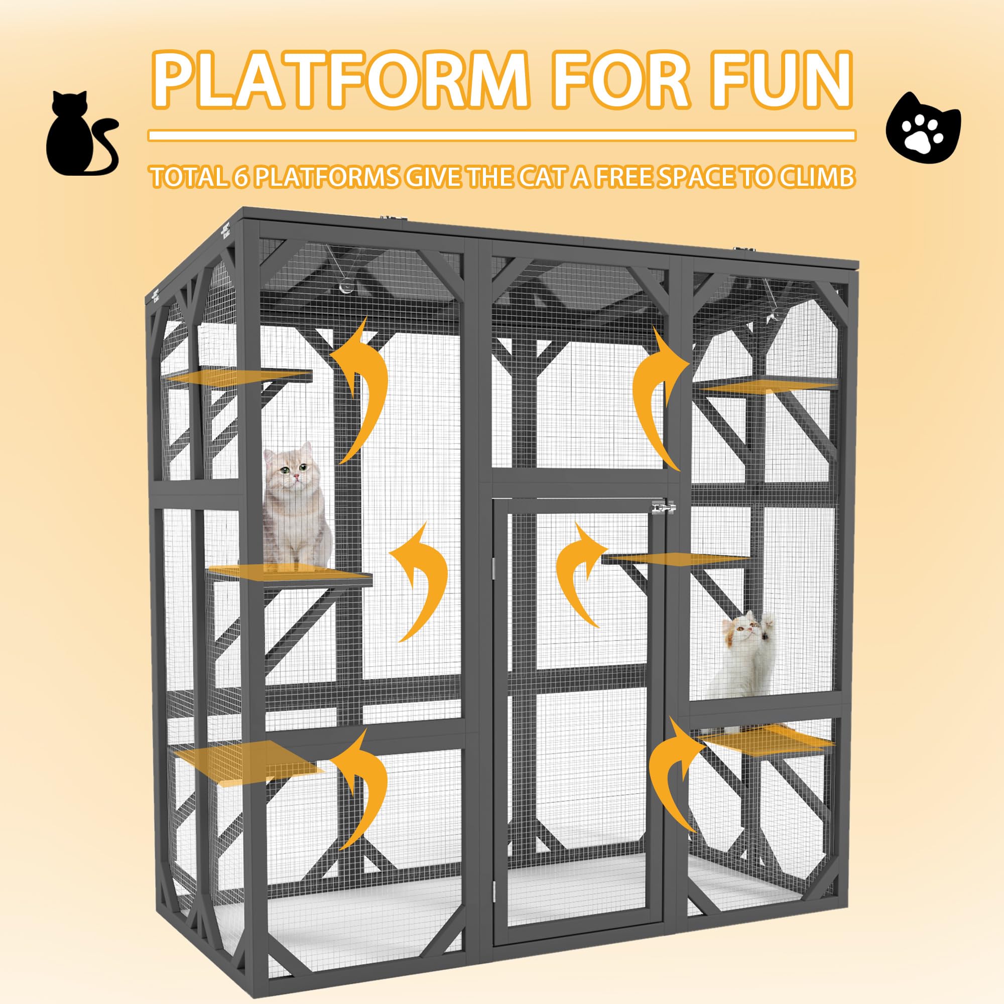 60'' Catio Outdoor Cat Enclosure Large Cat House for Mulitiple Cats Walk in Kitty Cage with Waterproof Roof, 6 Jumping Platform, Wooden Walk-in Cats Shelter, Grey