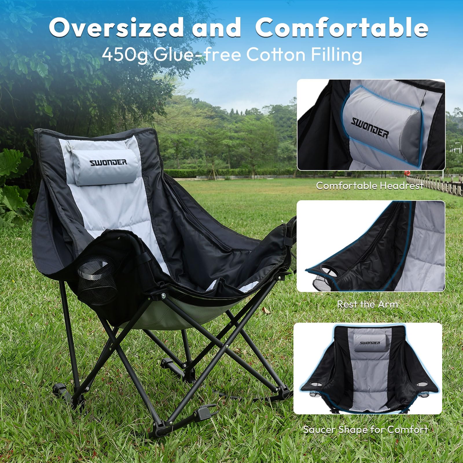 Swonder Oversized Rocking Camping Chair with Innovative 2-in-1 Removable Seat Cushion for All Seasons, Fully Padded Folding Outdoor Chair with Headrest and Carry Bag