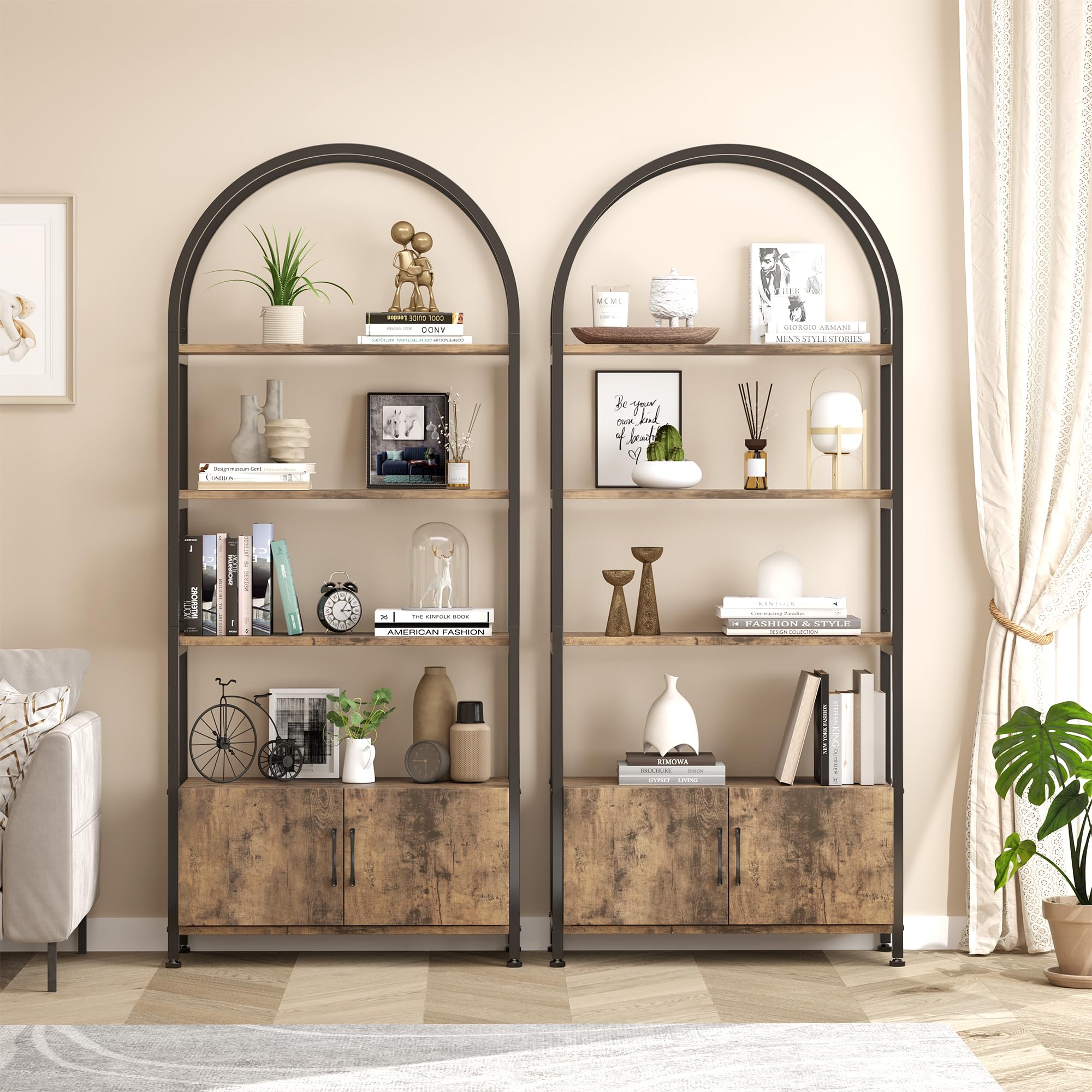 GarveeHome Arched Bookshelf, Bookcase with Doors Storage, 71.5 Inches Tall Industrial Book Shelf with Sturdy Metal Frame and Quality Boards, Freestanding Display Shelving (Brown)