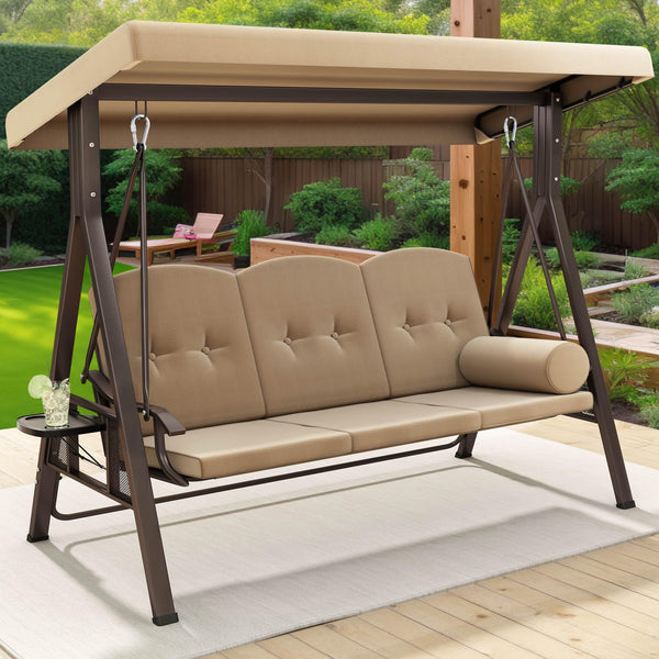 YITAHOME Porch Swing Bed 3-Seats Outdoor Patio Heavy Duty Swing Chair with Adjustable Canopy Removable Cushion, Suitable for Adult in Garden, Poolside, Balcony, Brown