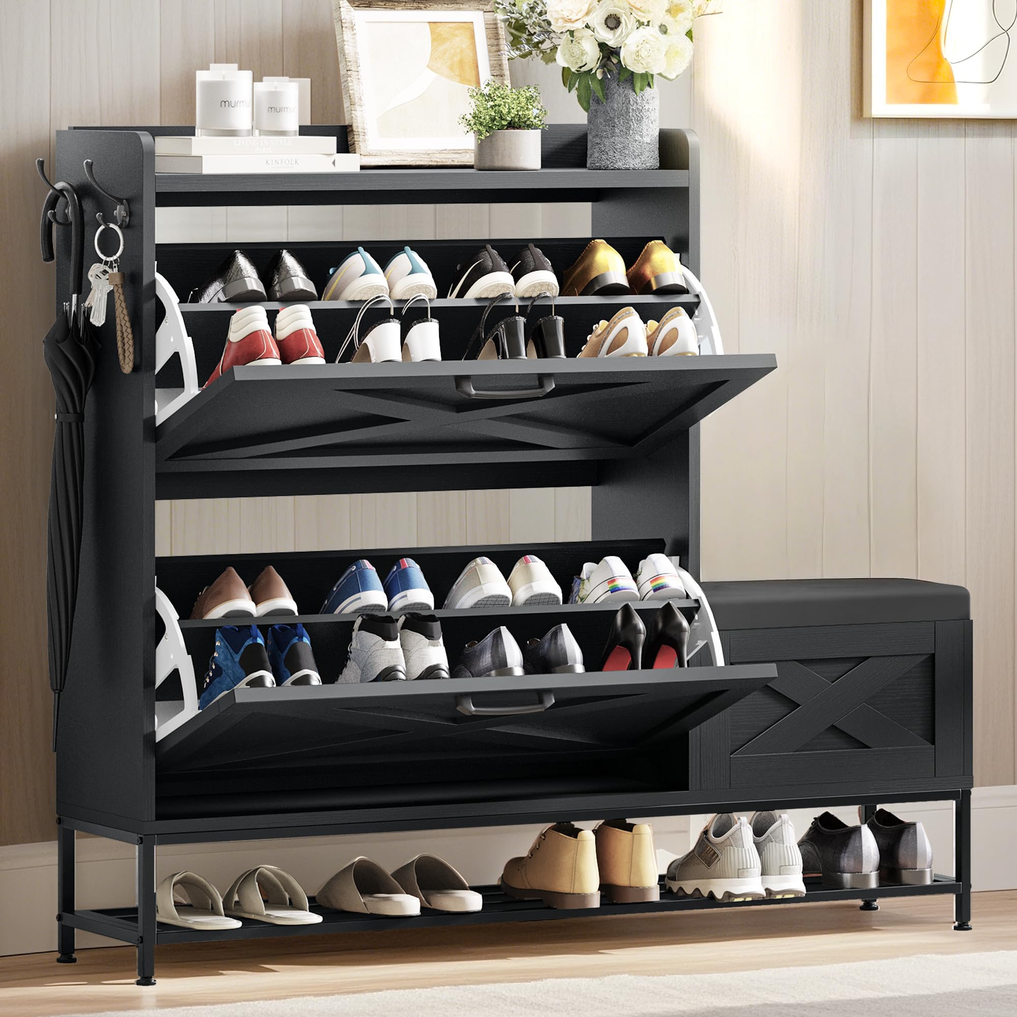 DWVO Farmhouse Shoe Cabinet Bench with 2 Flip Drawers for 16 Pairs, Chic Entryway Bench and Rustic Design for Living Rooms and Hallways (Black)
