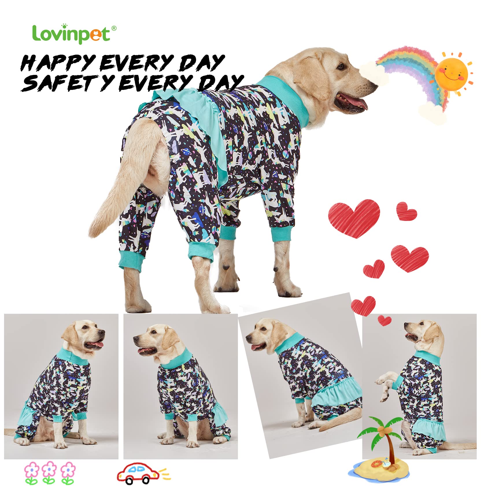 LovinPet Large Giant Dog Pajamas, Post Surgery Recovery Shirt for Large Dogs, Unicorns in Space Black Print, Lightweight Big Dogs Pullover, Full Coverage Breed Dog Jammies, Pet PJ's, L