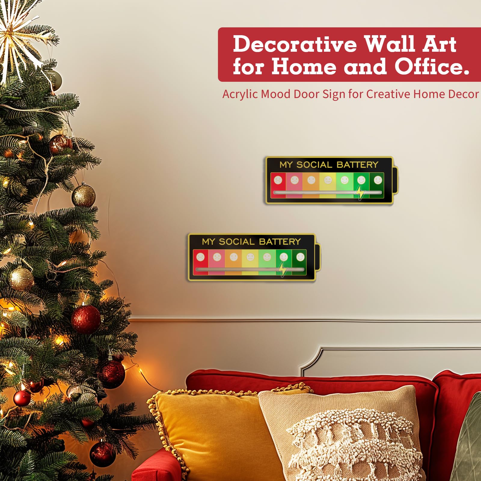 Acrylic Mood Door Sign for Creative Home Decor ，7 Emotion Expressions, Social Battery Door Sign，Decorative Wall Art for Home and Office. (Black)