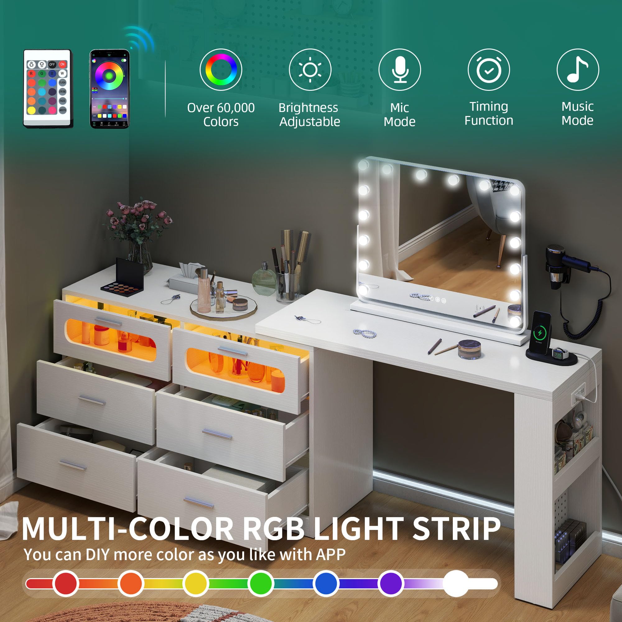 DWVO L Shaped Computer Desk with Power Outlet & RGB Light, 78.8" Reversible Gaming Desk for Bedroom, 360° Rotatable LED Drawer Dresser with 6 Drawers, Home Office Desk with Charging Station, White