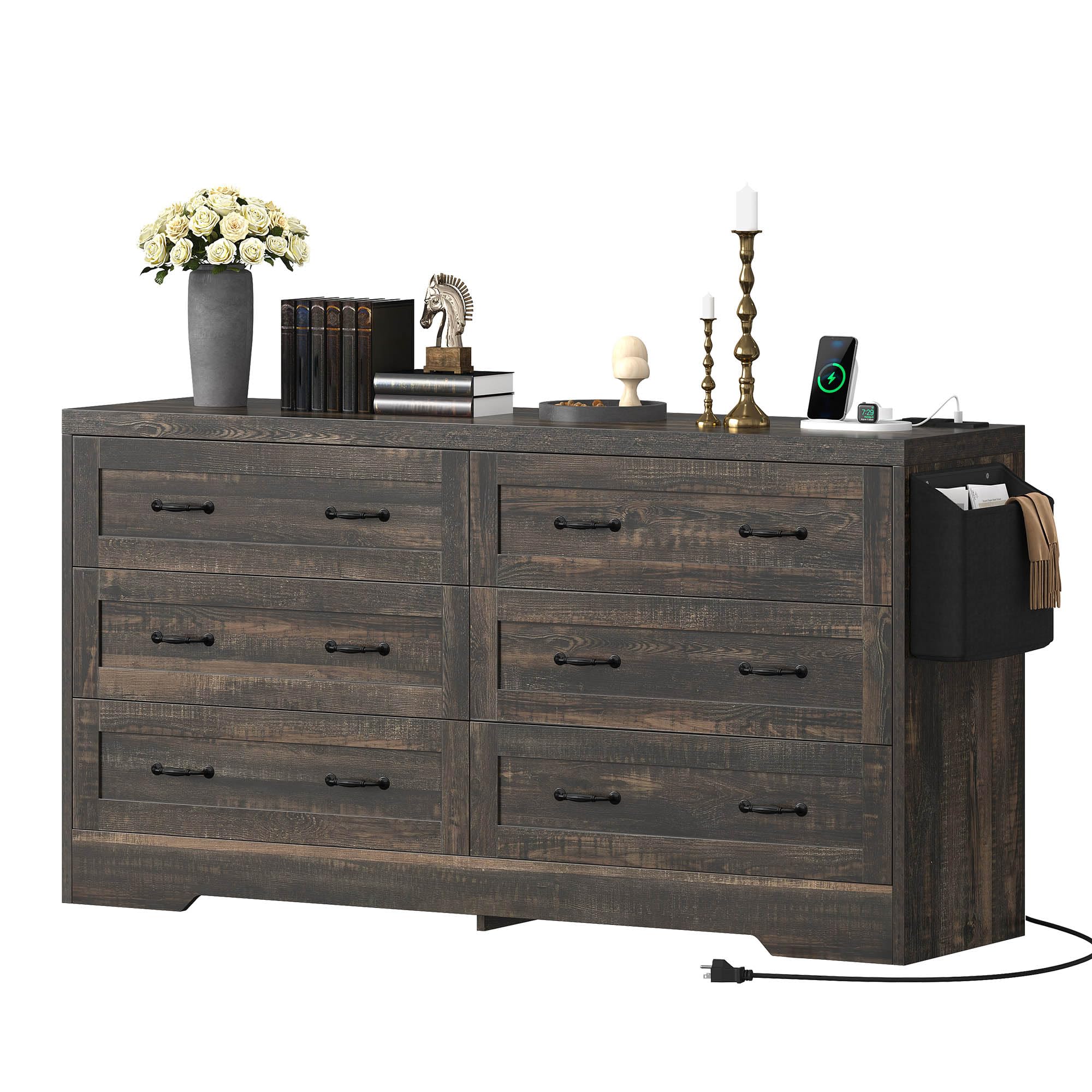 DWVO Farmhouse 6 Drawer Dresser for Bedroom, 59" Wide Large Modern Dresser TV Stand with Drawers & Bar Handles, Storage Dressers with Power Outlets, Rustic Wood Chest of Drawers, Rustic Oak