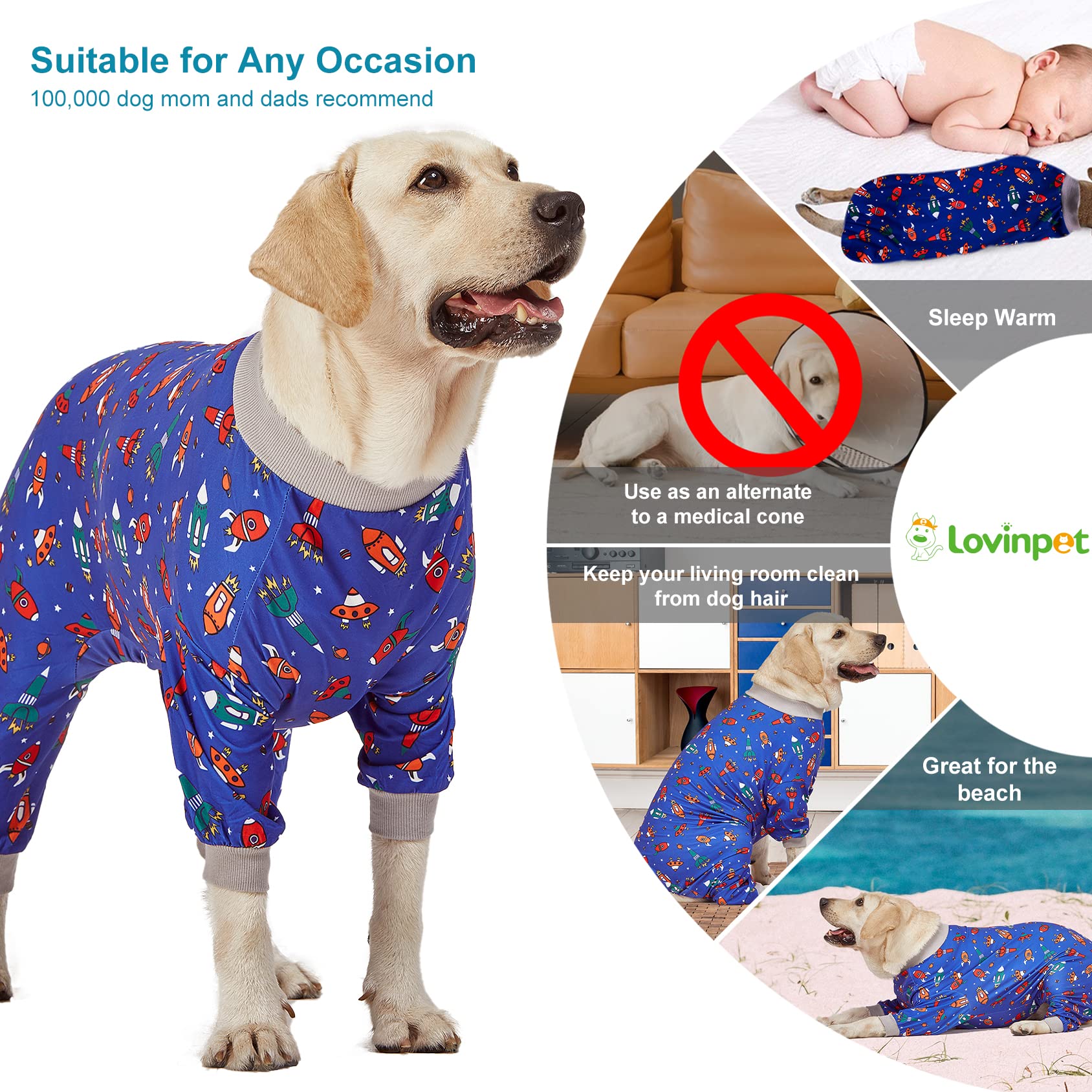 LovinPet Large Dog Pajamas, Navy Rocket and Spaceship Print, Lightweight Stretchy Knit Big Dog Pullover Shirt, Stop Shedding for Dogs, Onesies for Dogs, Pet PJ's Jumpsuit, PJ's for Pitbulls, M