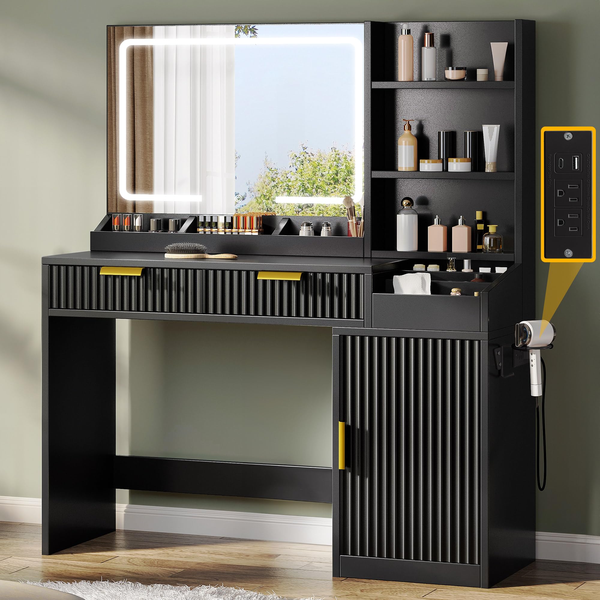 DWVO Fluted Makeup Vanity Desk with Large 27" Mirror and Lights, Modern Big Makeup Table with Power Outlet, 11 Shelves & 2 Drawers, 3 Color Lighting Modes, Dressing Table Vanity Set for Bedroom, Black