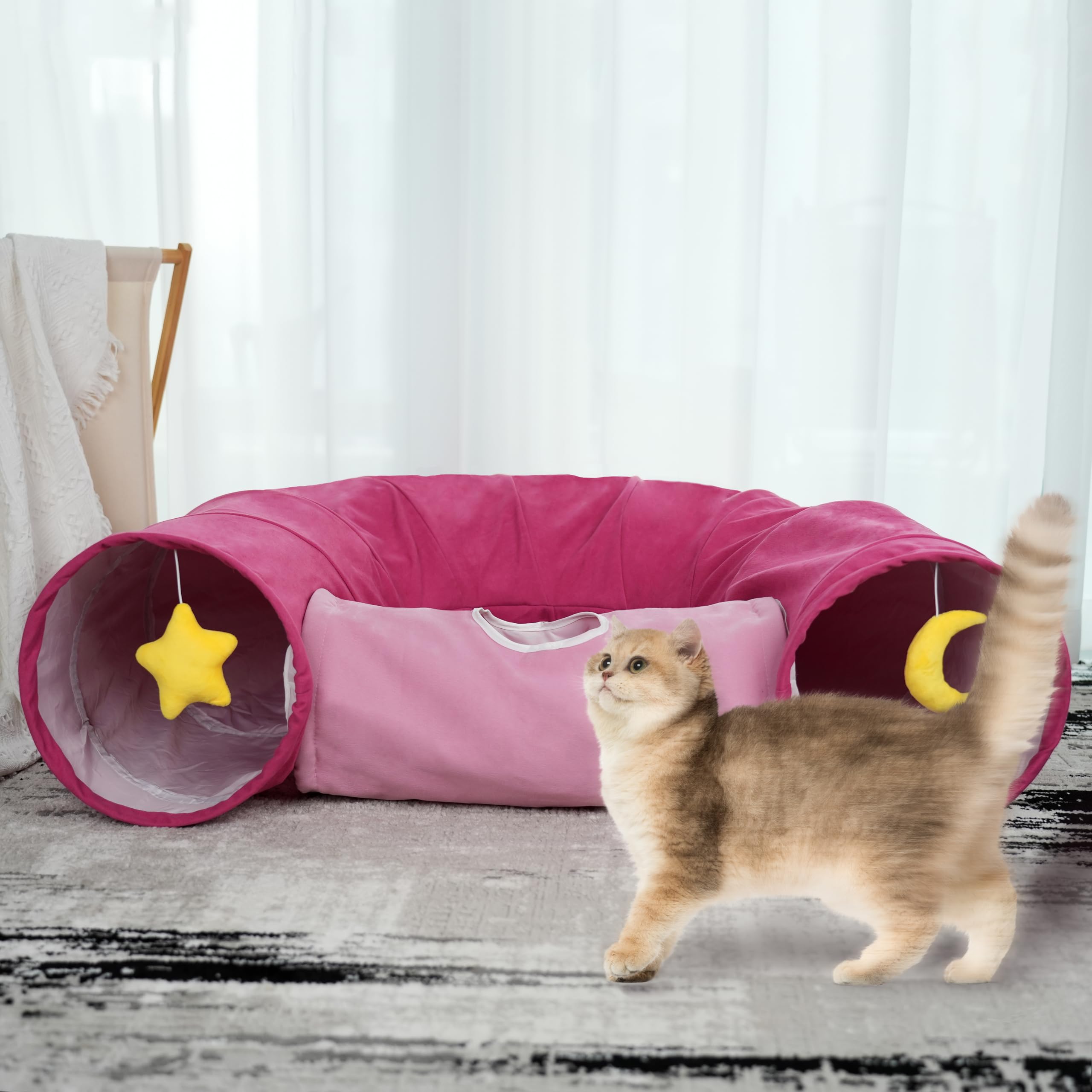 PAOPO Cat Tunnel, Large Indoor Durable Collapsible Interactive Cat Tube with Peek-A-Boo Hole, Hanging Toys, and Crinkly Paper Lining - Cute Tunnel for Cats, Kittens, Puppies & Rabbits, Pink
