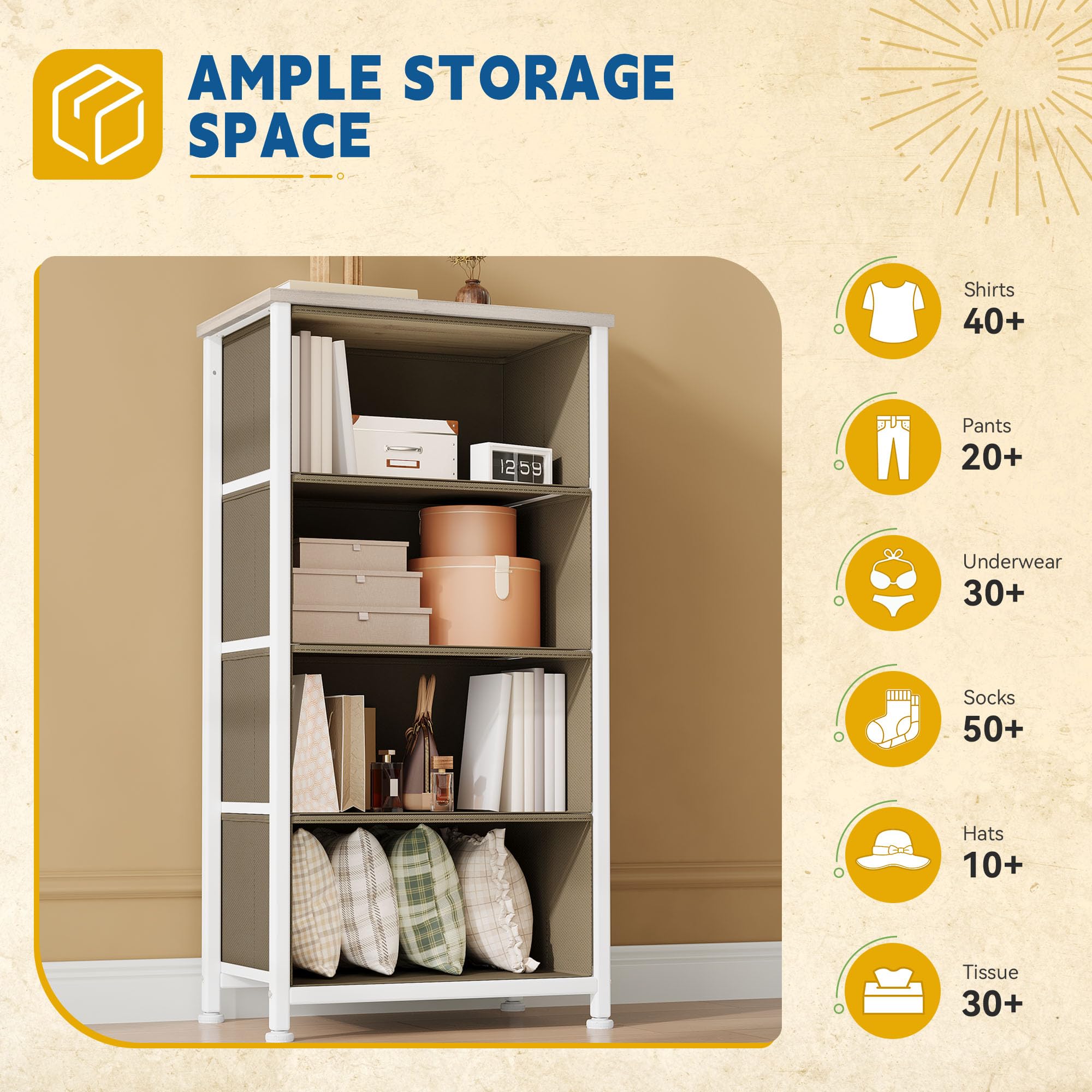 DWVO Dresser with 4 Drawers - Fabric Storage Tower, Organizer Unit for Bedroom, Hallway, Hallway, Closets - Sturdy Steel Frame, Wooden Top & Easy Pull Fabric Bins