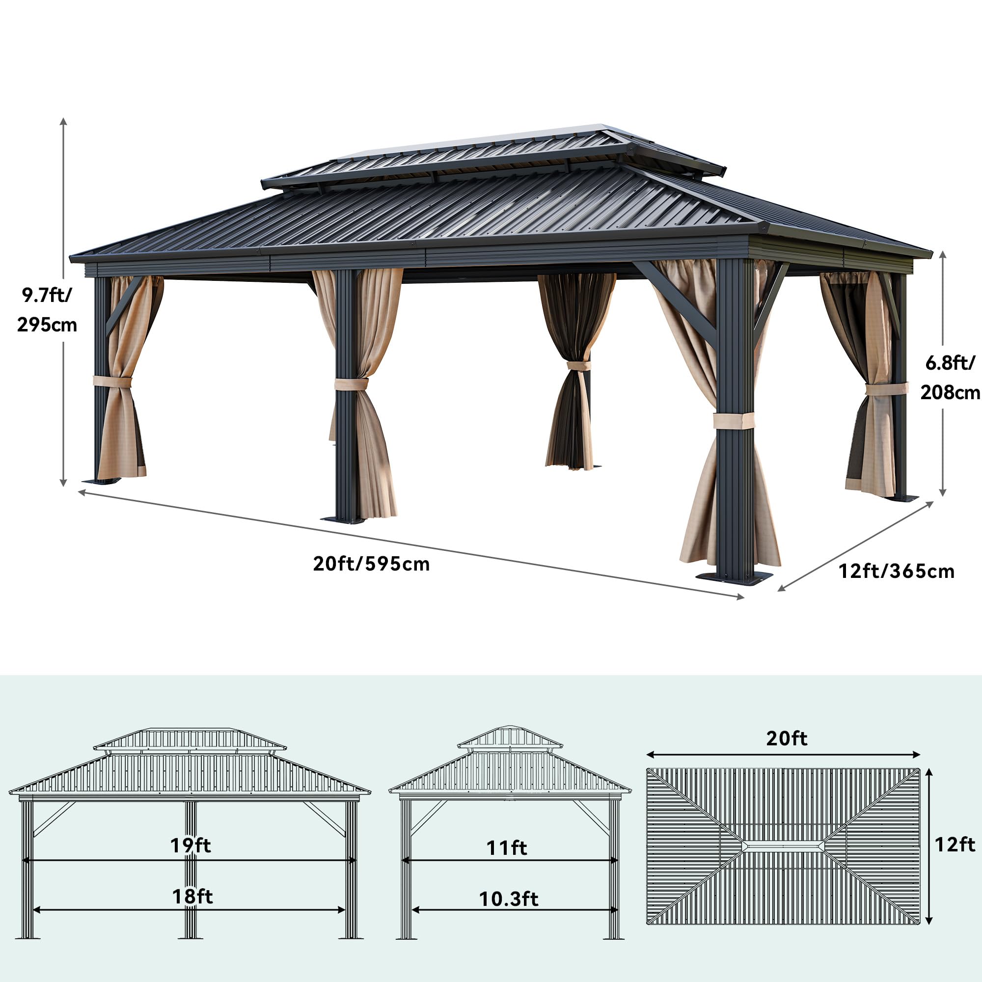 YITAHOME 12X20FT Hard Top Metal Gazebo Patios Double Roof Canopy Aluminum Frame Garden Gzebo Tent Curtains Netting for Patios Backyards Decks Lawns Brown
