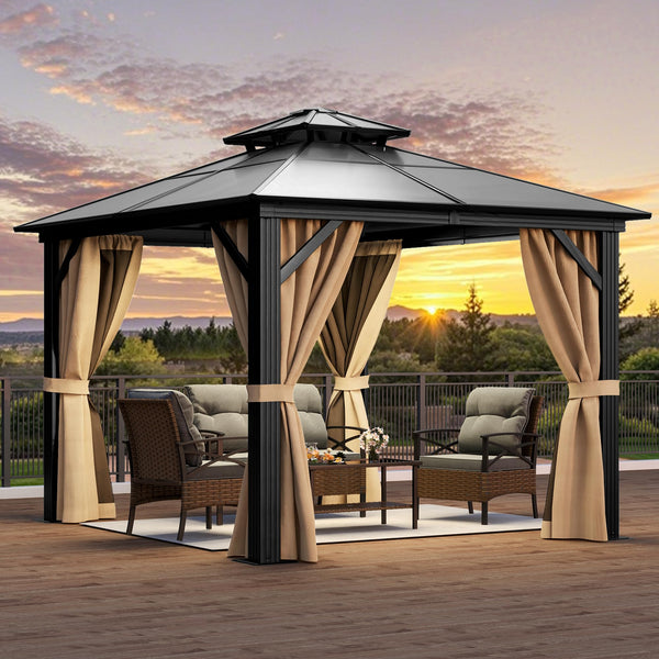 YITAHOME 10X10FT Hardtop Gazebo Outdoor Polycarbonate Patio Double Top Canopy Galvanized Iron Aluminum Column Garden Tent Curtains Netting for Backyards Decks Lawns,Brown