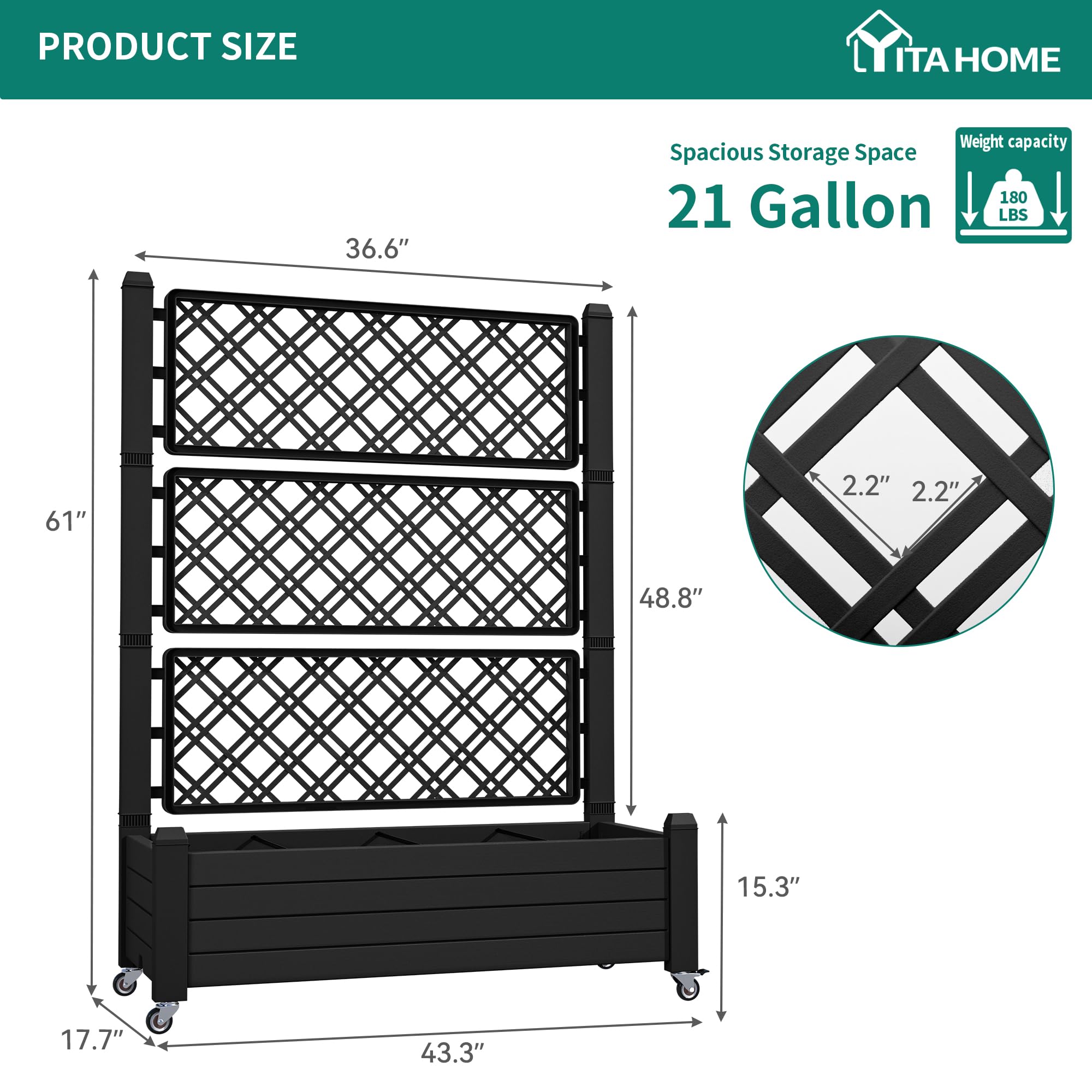 YITAHOME 43.3x17.7x61 in Planter Trellis Box with Wheels & Drain Plug, Outdoor Resin Raised Garden Bed for Climbing Plants, Large Weather-Resistant Design, Black