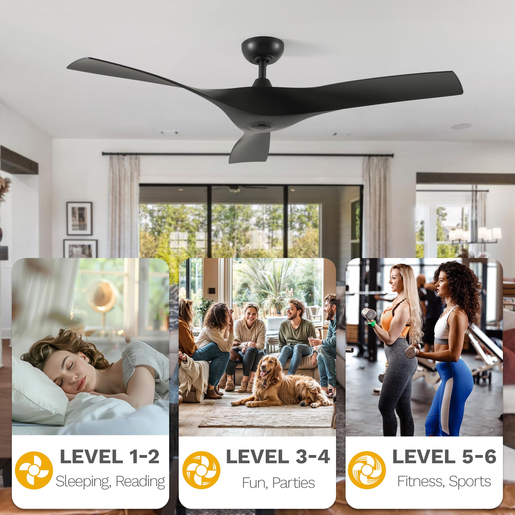 DWVO 52" Ceiling Fan with Remote, 3 Blade Ceiling Fans Reversible 6 Speeds with Quiet DC Motor and 2 Downrods for Bedroom, Living Room, Dining Room, Patio, Office