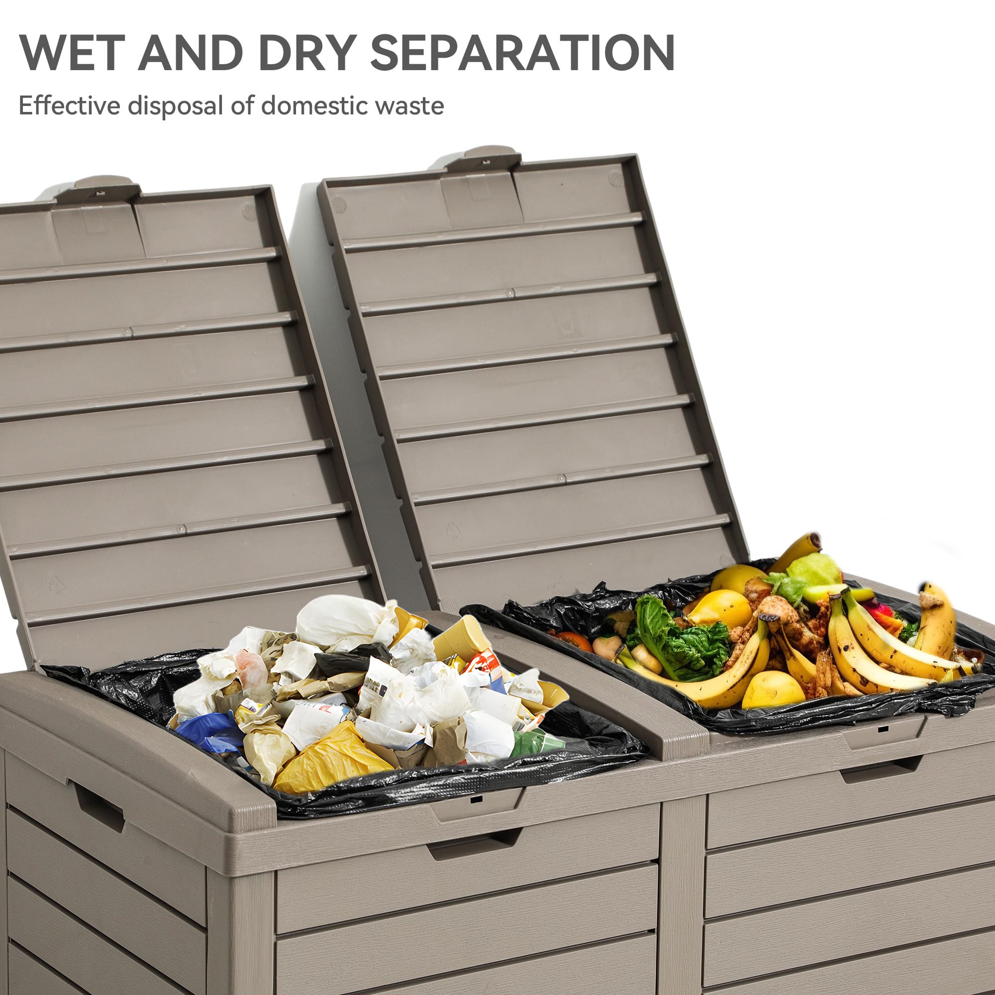 YITAHOME Outdoor Resin-Based Dual Compartment Trash Bins, 62 Gallon Capacity, Easy-to-Clean Hideaway Garbage Cans with Lid and Drip Tray (Light Brown)