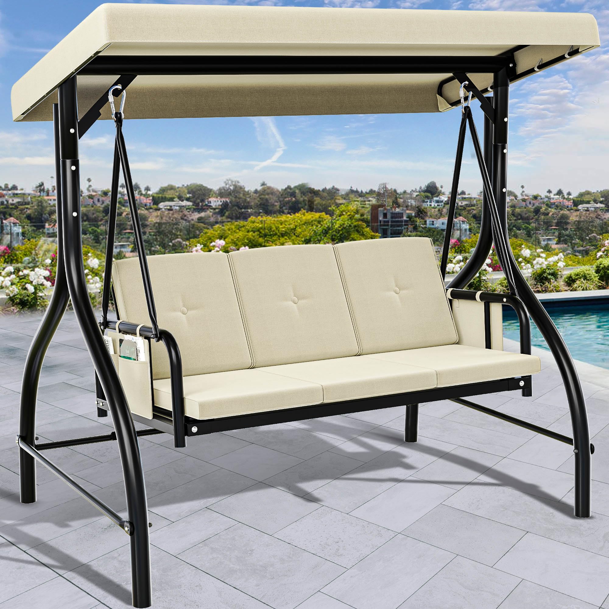 YITAHOME Porch Swing Bed 3-Seats Outdoor Patio Heavy Duty Swing Chair with Adjustable Canopy Removable Cushion, Suitable for Adult in Garden, Poolside, Balcony, Beige
