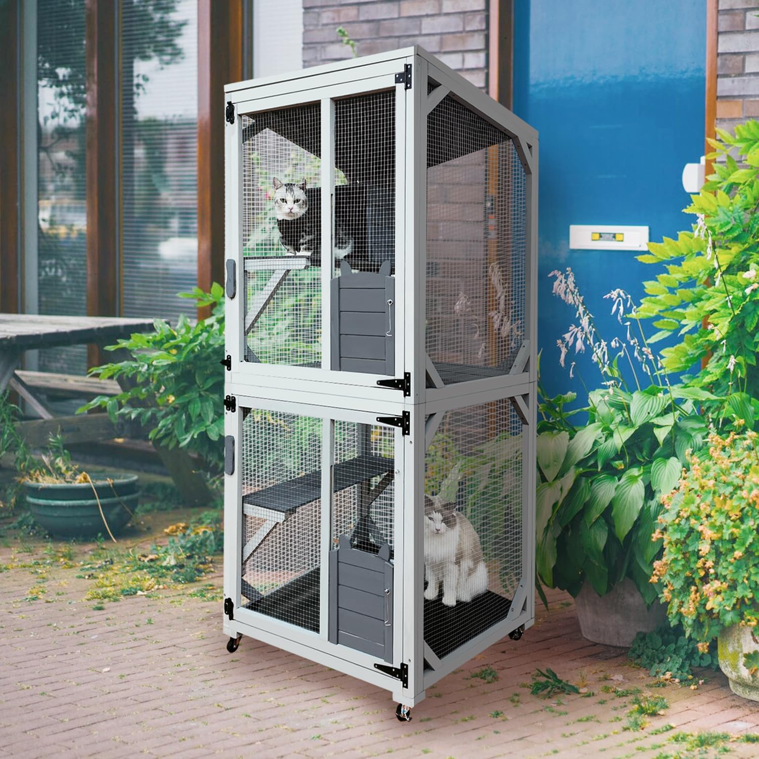 71'' Catio Outdoor Cat House on Wheels, Outdoor Cat Enclosure for 2 Cats Cat Cage with Waterproof Cover, Feral Cat Shelter with 4 Platforms and Resting Box