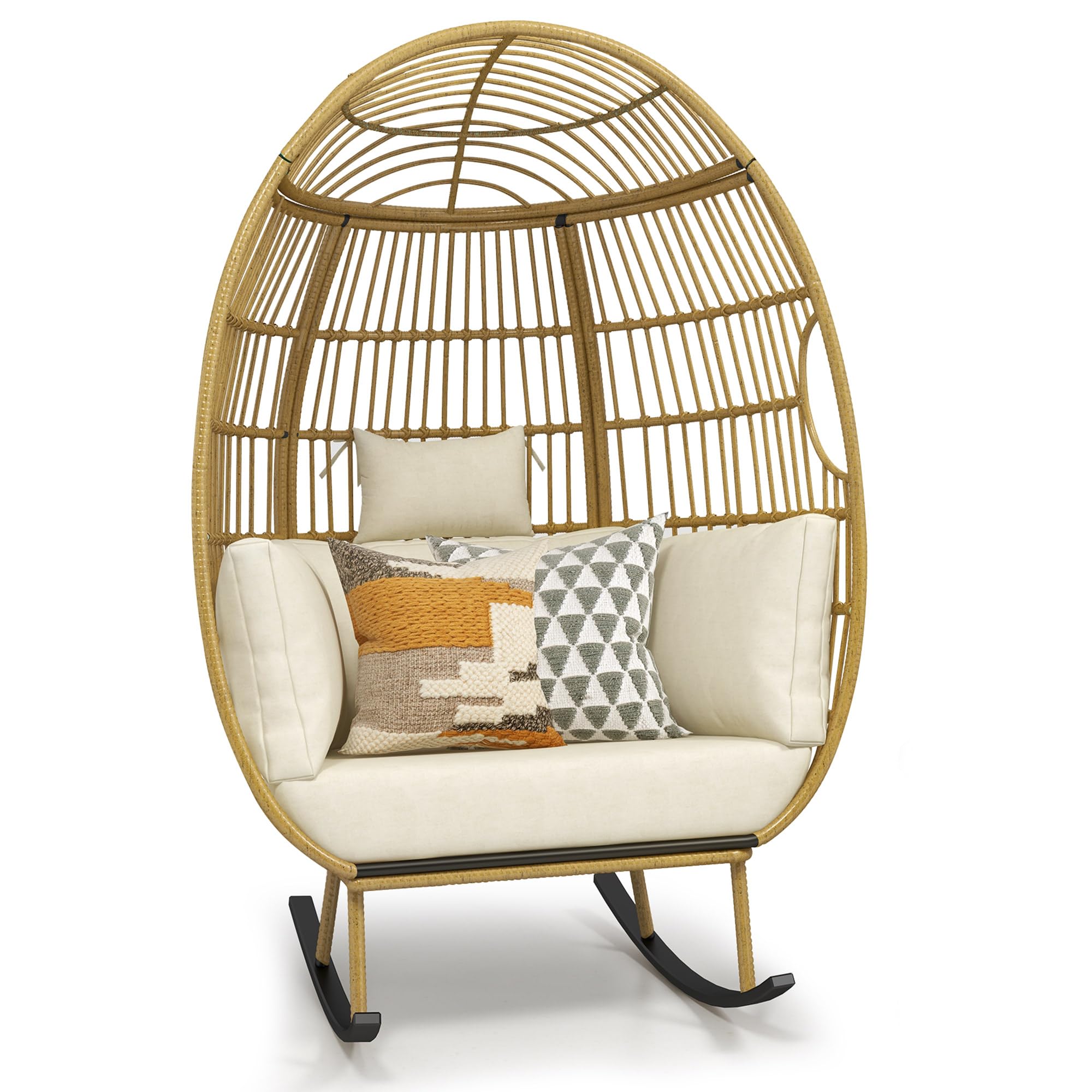 YITAHOME Rocking Egg Chair for Outdoor, Oversized Patio Rocking Basket Chair with 400lbs Capacity, All-Weather Wicker Egg Lounger Chair for Outside Indoor (Beige)
