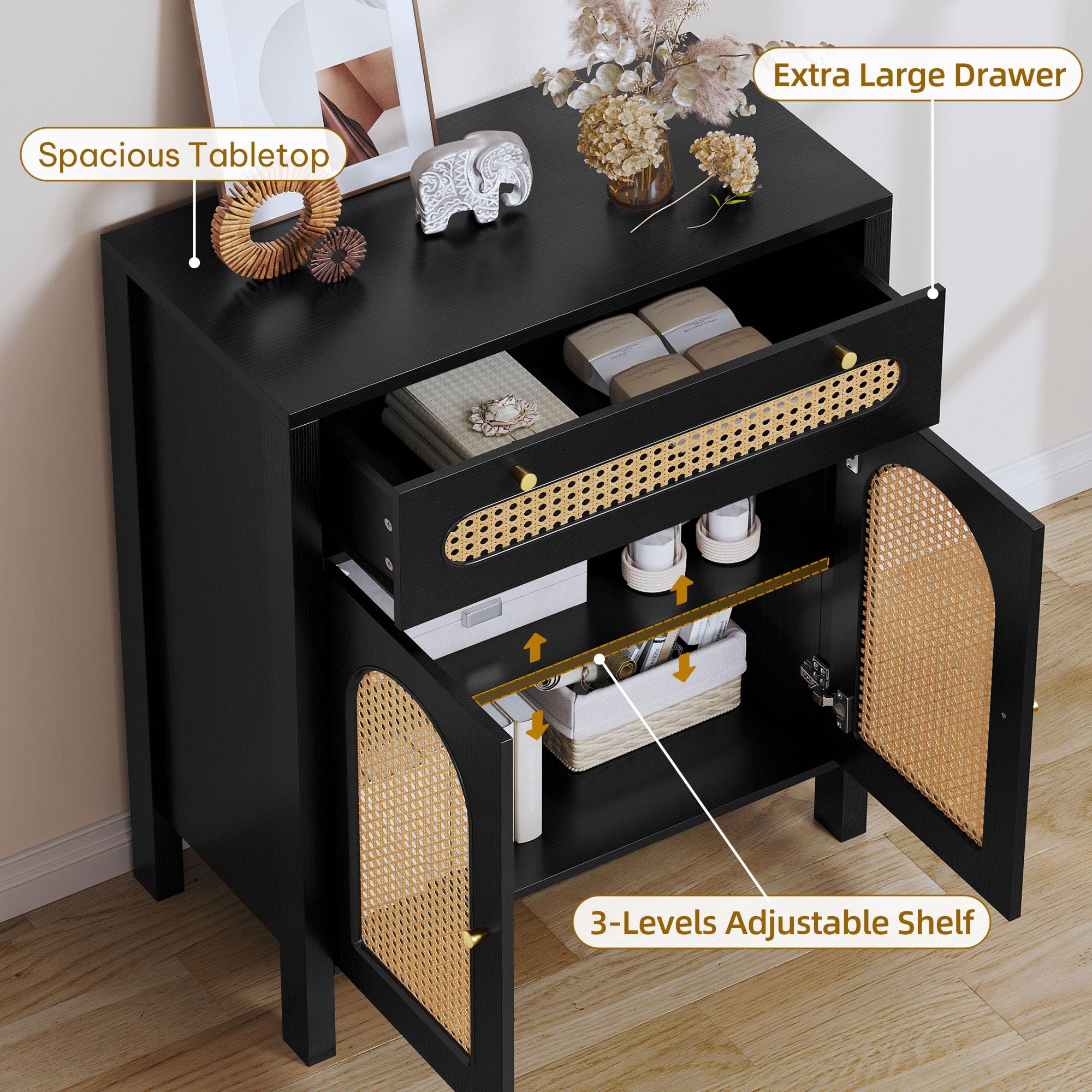 DWVO Rattan Drawer Dresser with Doors and Adjustable Shelves - Bathroom Cabinet with Large Drawer-Accent Cabinet Sideboard for Living Room/Entryway - Black