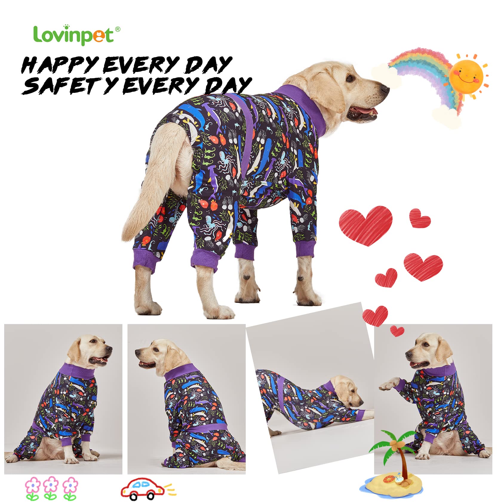 LovinPet Large Big Dog Pajamas - Post Surgery Onesie for Large Dog Breeds, Reflective Stripe, Lightweight Breatheable Stretchy Knit, Charcoal Gray Deep Sea Print, Pitbull Clothes, Pet PJ's, Black M