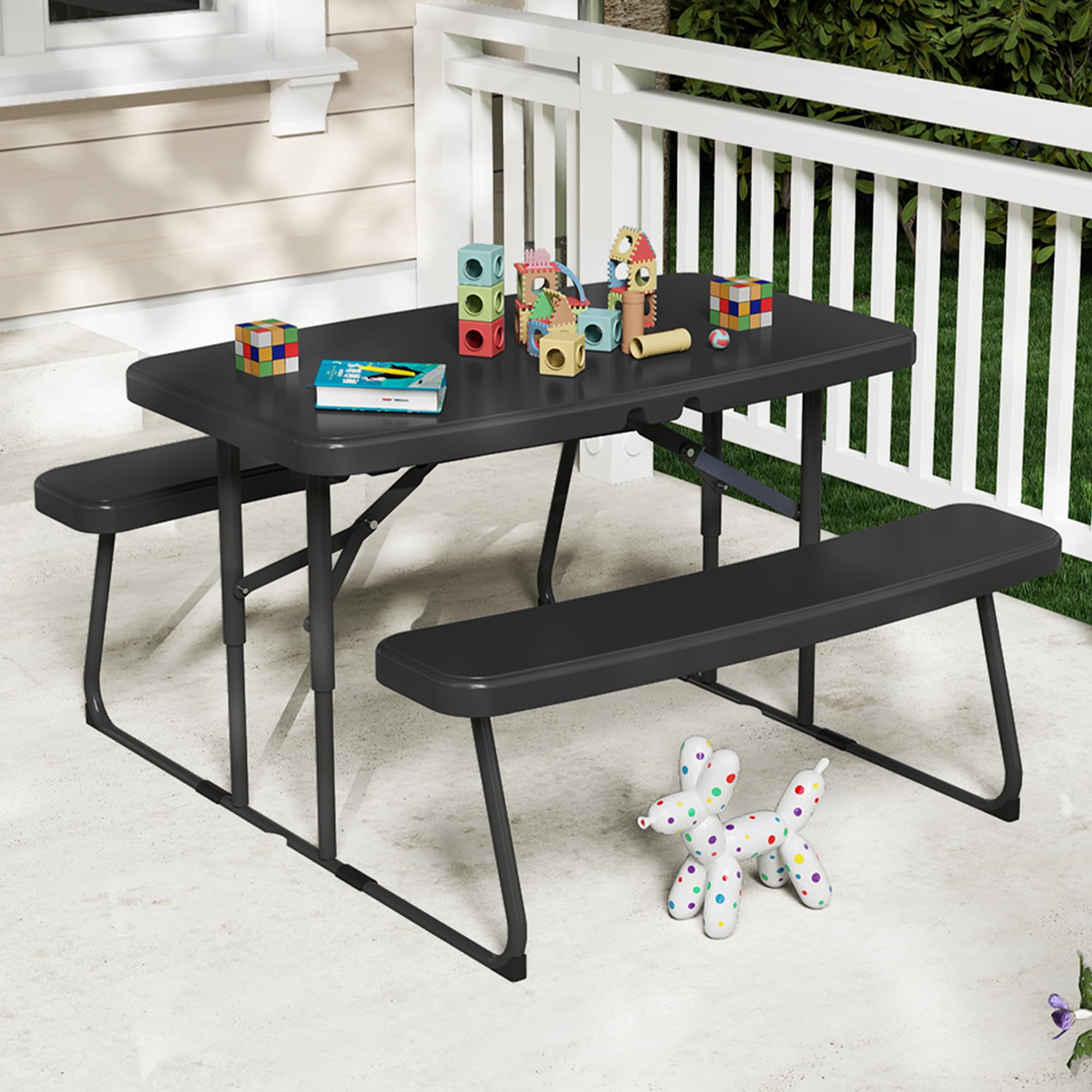 DWVO 37" Picnic Table, Folding Picnic Tables for Outdoors with Weather Resistant Resin Tabletop & Stable Steel Frame for Yard Patio Lawn Party, Black