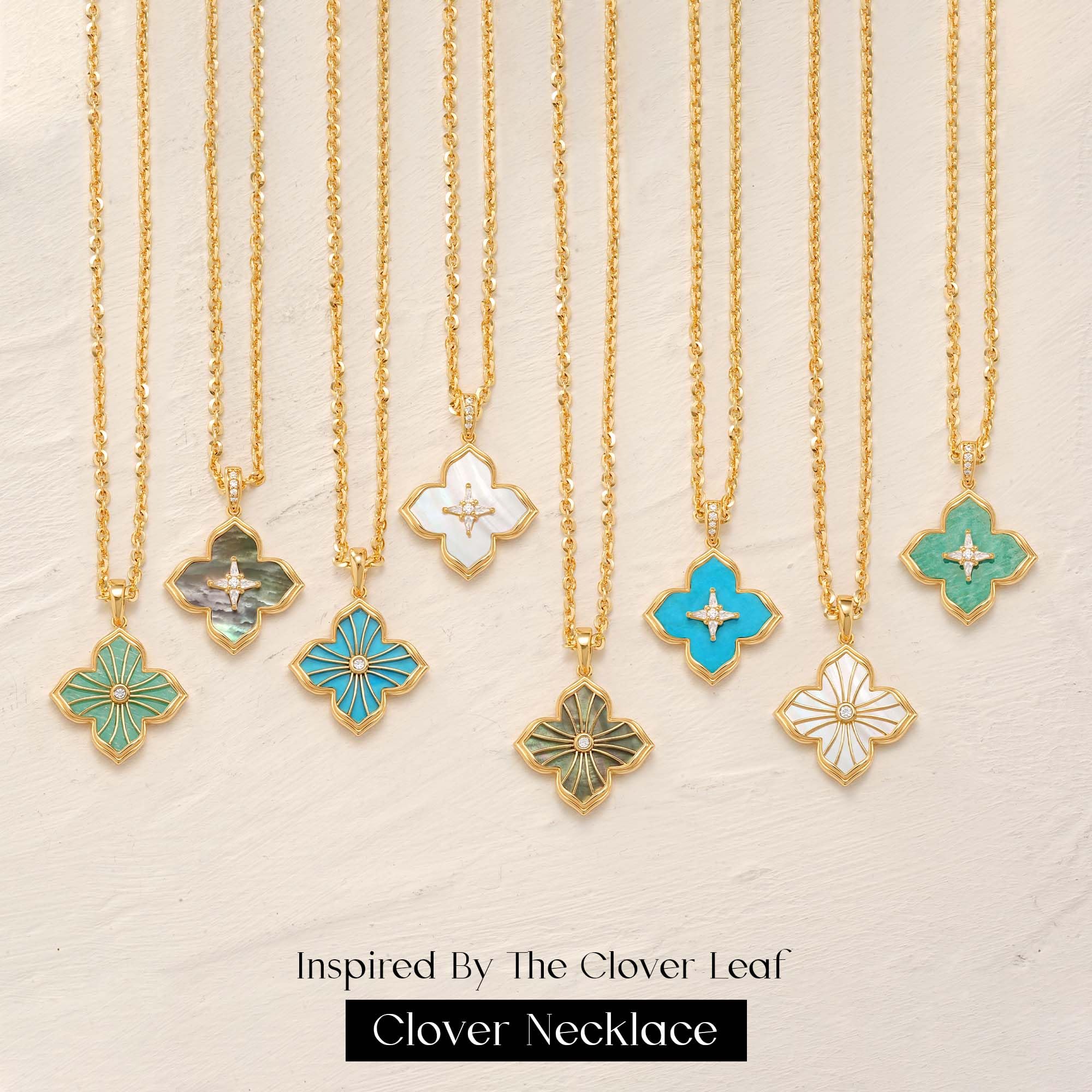 MYEARS Women Gold Necklace Clover Pendant Gemstone Green Amazonite Cubic Zirconia 14K Simple Dainty Chain Everyday Trendy Lucky Flower Jewelry