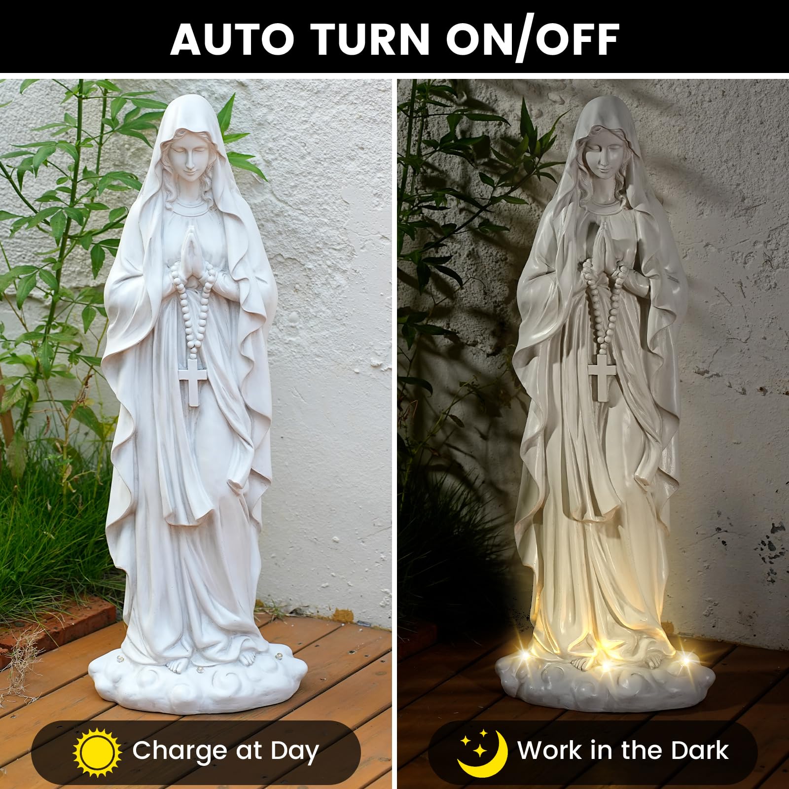 VChymm Virgin Mary Statue 31.49 Inch Religious Garden Statue Solar Mary Statue Outdoor Yard Patio Deck Home Entryway Hallway Sculpture