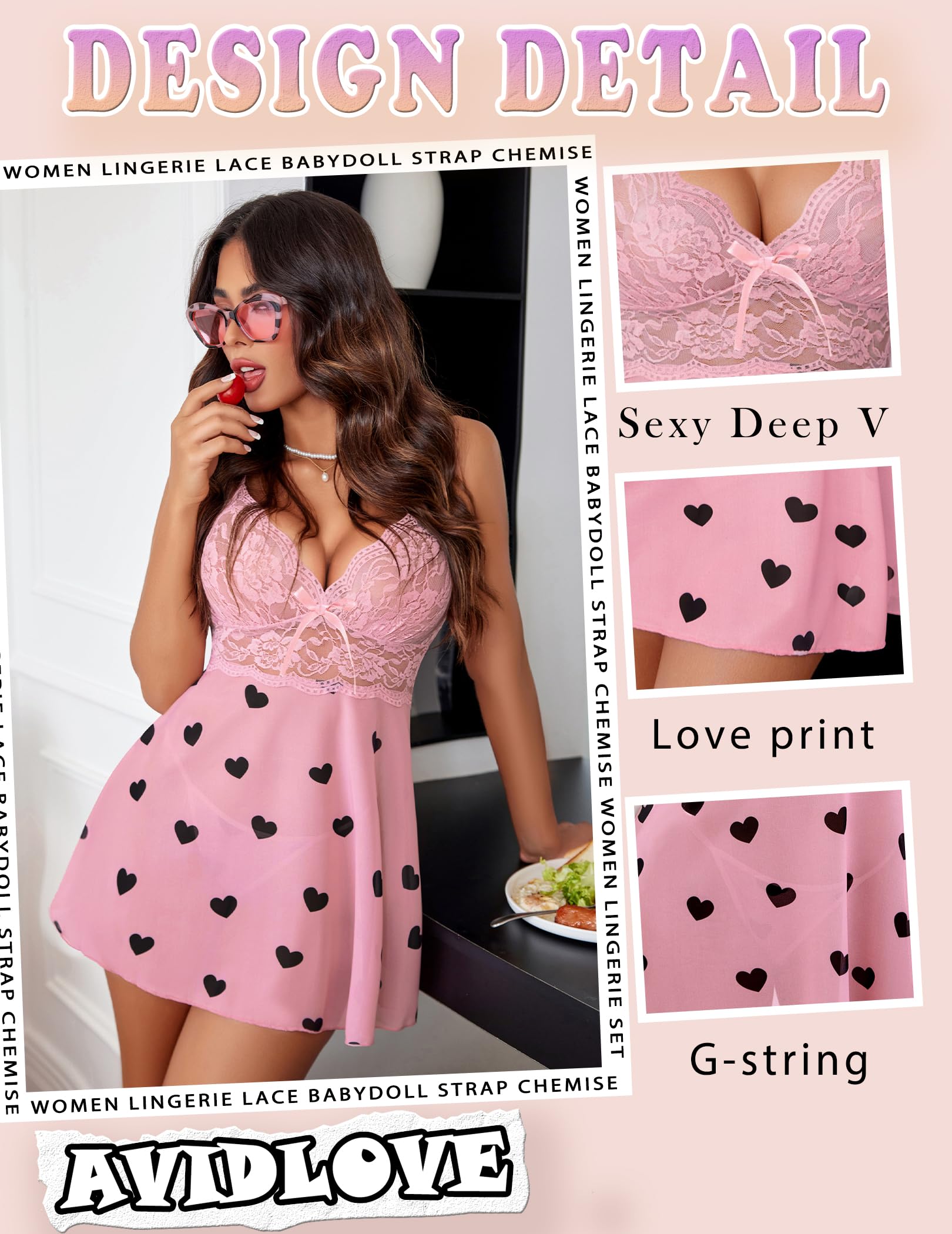 Avidlove Women Lingerie Lace Babydoll Chemise Sexy Nightwear Spaghetti Strap Nightgown Black Love Heart XX-Large