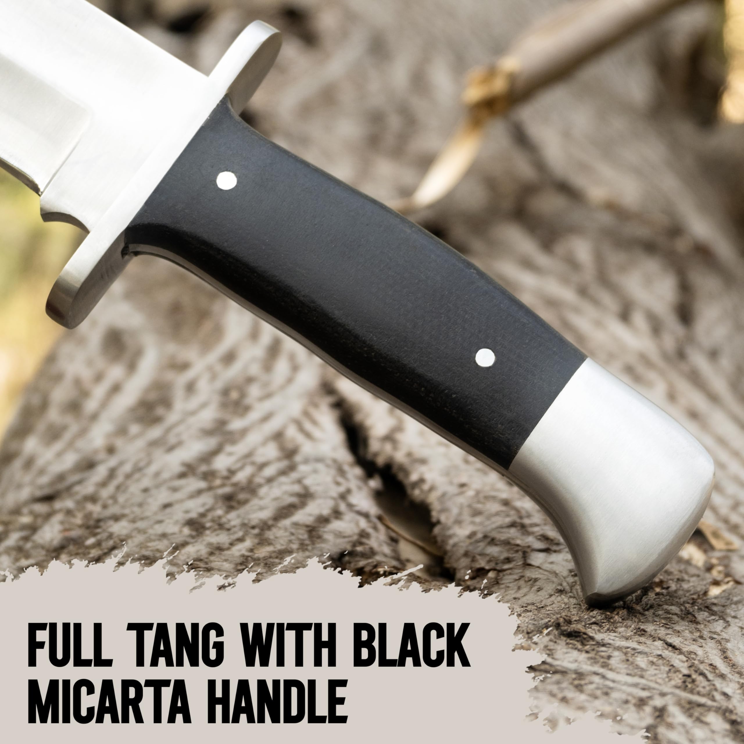 WARIVO KNIFE D2 13 Inch Full Tang Fixed Blade Bowie Knife with Leather Sheath - Suitable for Outdoor, Bushcraft, Survival, and Camping Knife with Black Micarta Handle