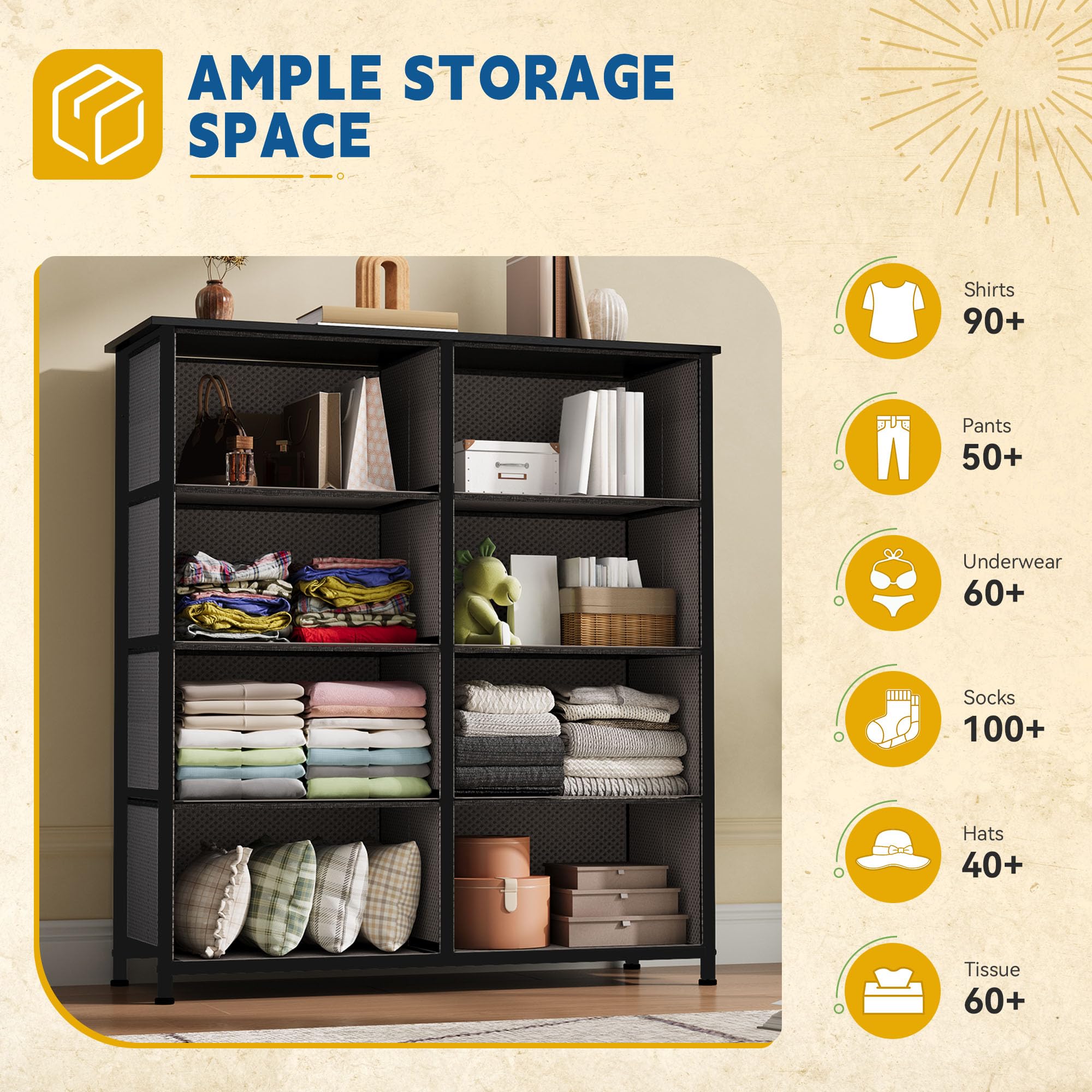 DWVO Dresser for Bedroom, Fabric Dresser with 8 Drawers, Chest of Drawers for Closet, Living Room