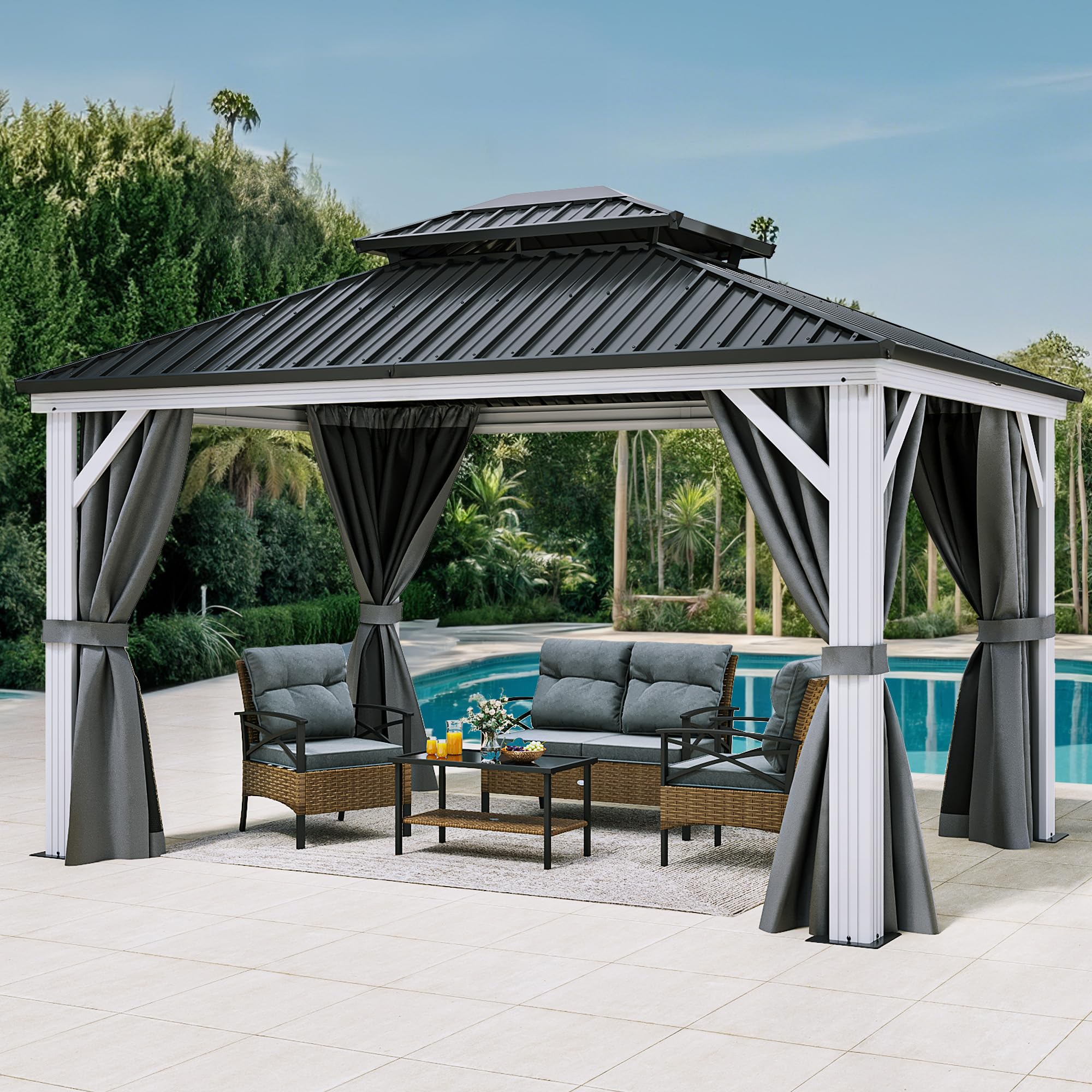 YITAHOME White Gazebo 10x12ft Hardtop Double Roof Canopy Galvanized Iron Aluminum Frame Outdoor Gazebo with Netting and Shaded Curtains Garden Tent for Patio, Backyard, Deck and Lawns, Grey Curtain