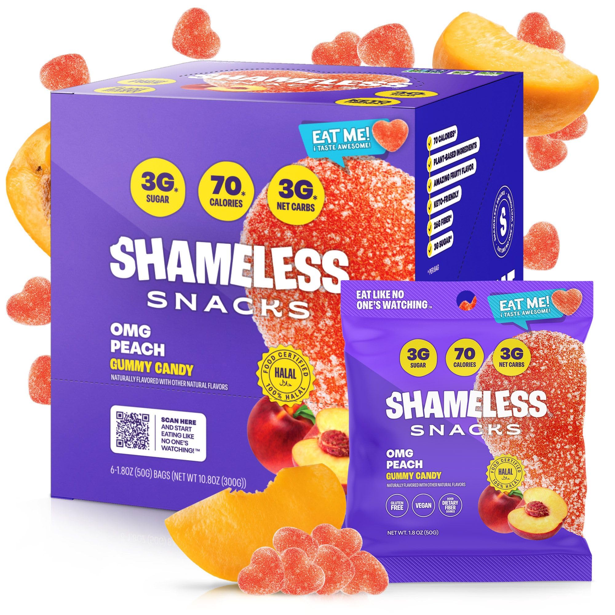 Shameless Snacks - Healthy Low Calorie Snacks, Low Carb Keto Gummies (Gluten Free) - 6 Pack OMG Peach