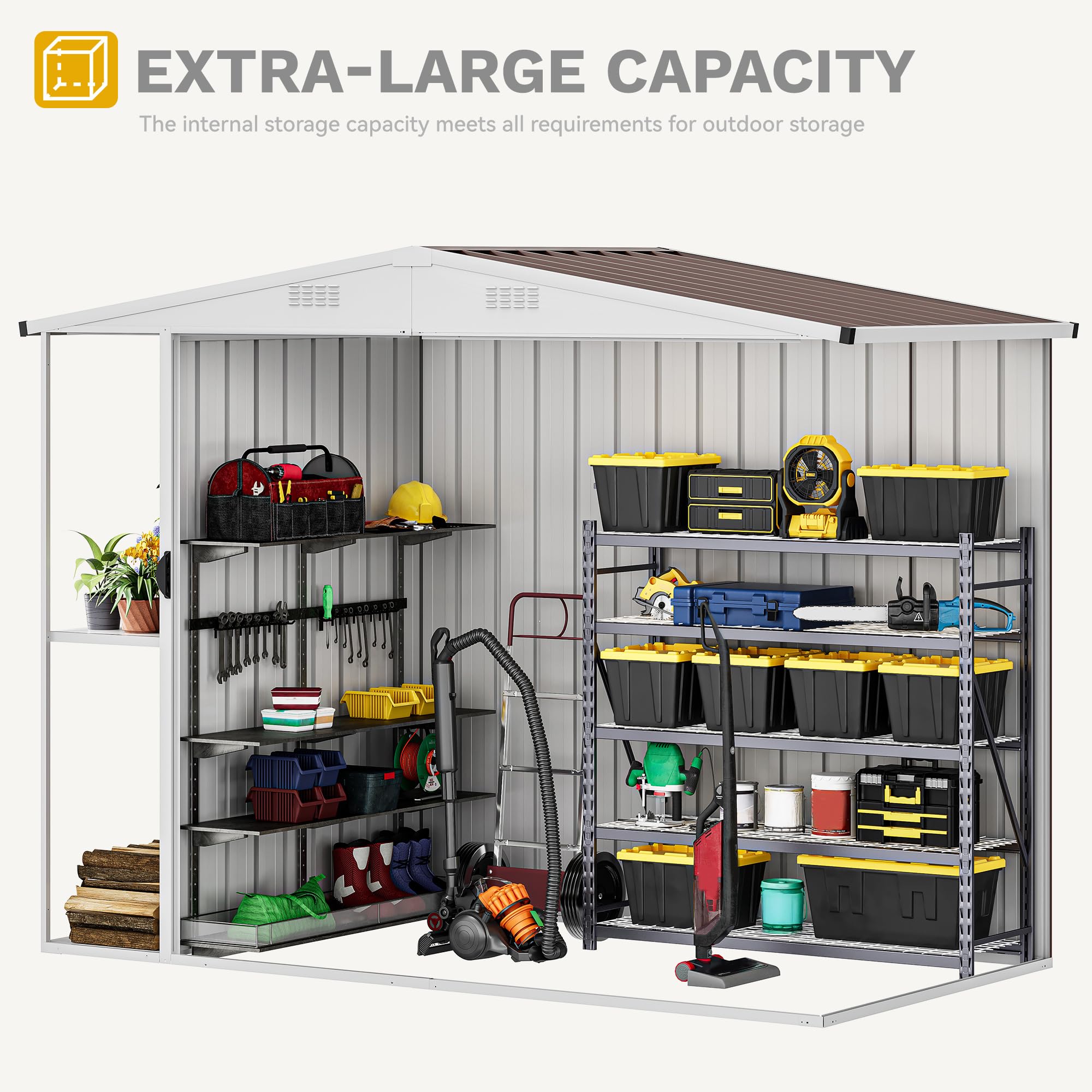 DWVO 8 x 4 ft Outdoor Storage Shed with 2-Tier Shelf, Metal Tool Shed & Garden Storage Cabinet for Backyard, Patio, Equipment & Bike, Brown