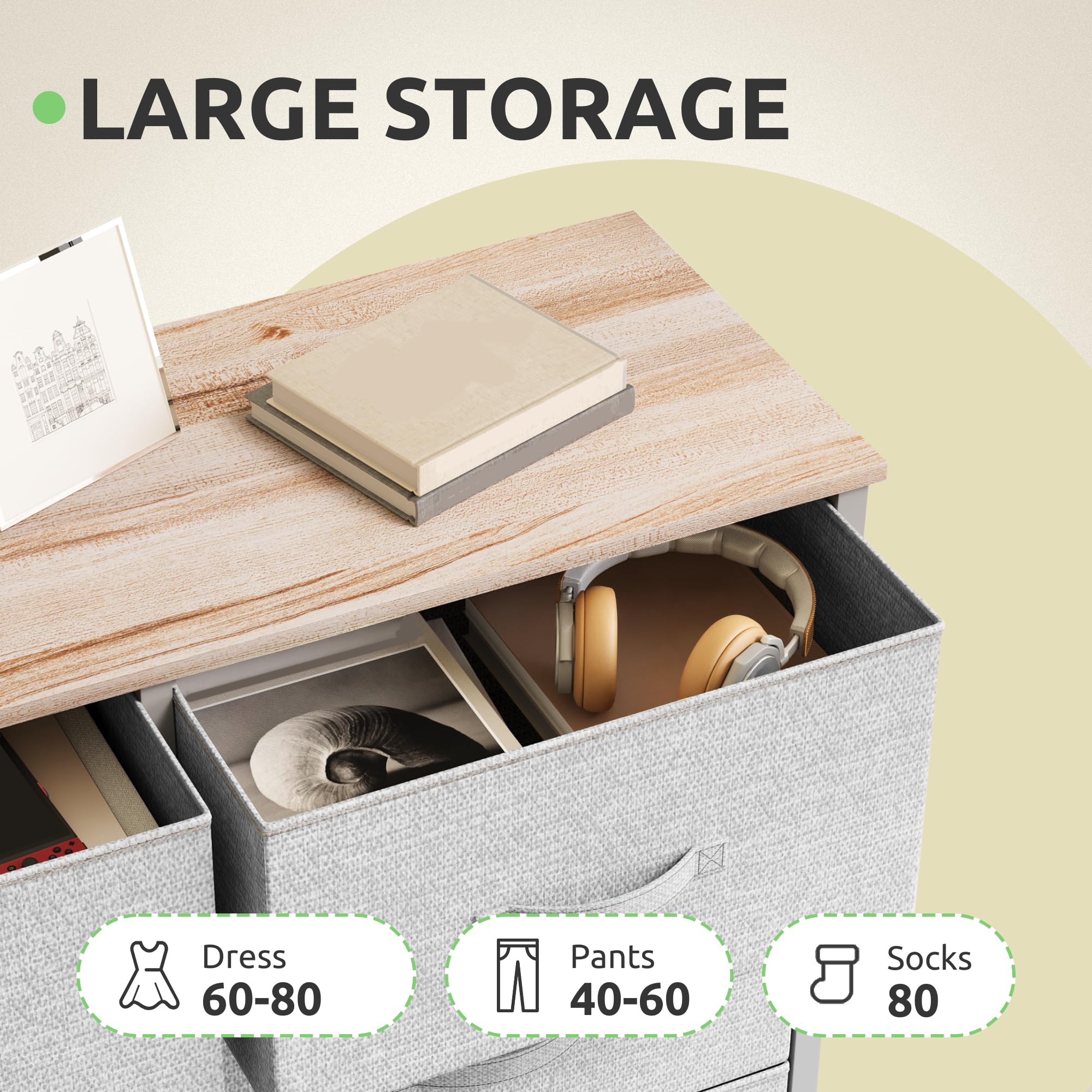 GOOBED Dresser for Bedroom, 7 Drawers Fabric Dresser, Organizer Unit for Living Room, Hallway, Closets - Sturdy Steel Frame, Wooden Top & Easy Pull Fabric Bins, Light Gray