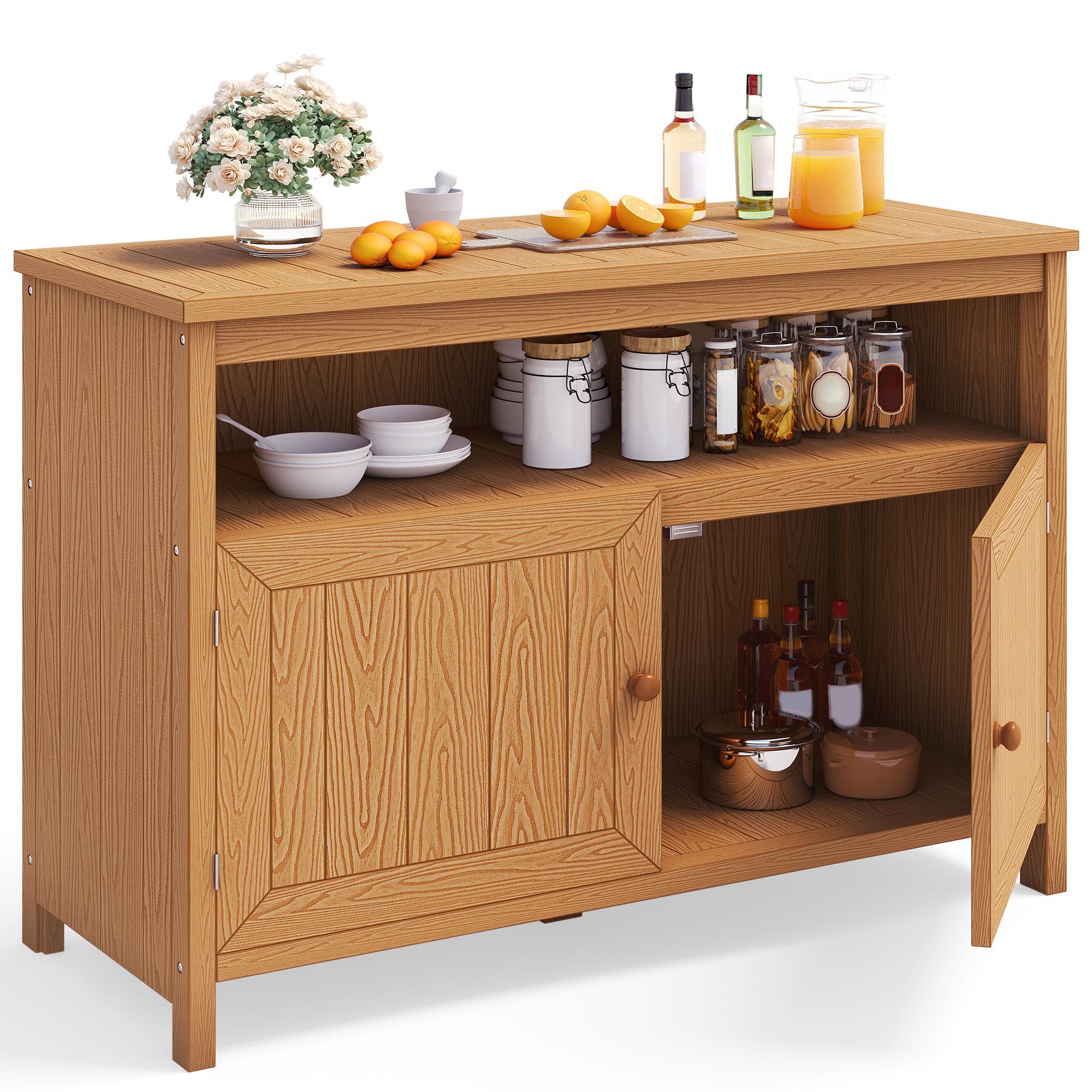 DWVO Poly Lumber Outdoor Sideboard, Patio Bar Table with Storage and Shelves, Weather Resistant Storage Cabinet for Outdoor, Pool and Garden - Brown