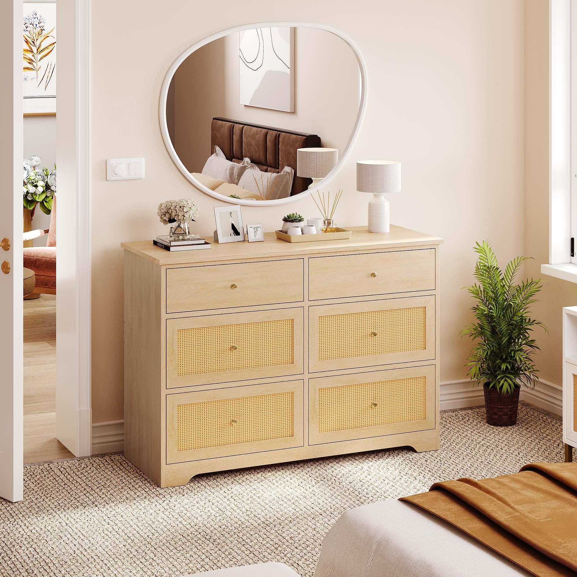 DWVO 6 Drawer Dressers & Chests of Drawers, Rattan Dresser for Room, Entryway, Hallway, Natural