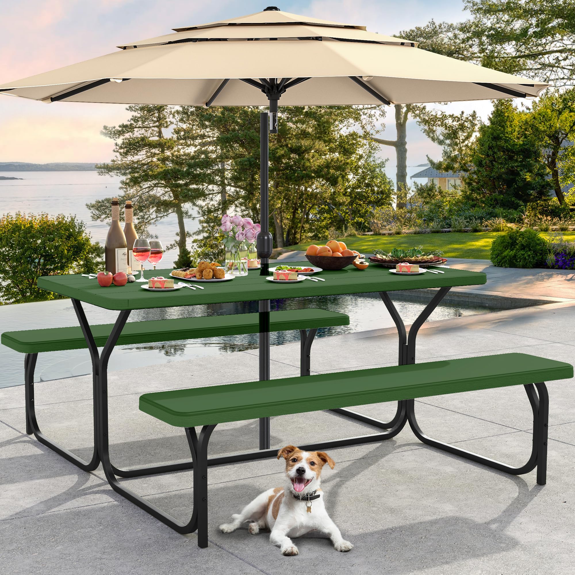 DWVO 6FT Picnic Table, Heavy Duty Outdoor Picnic Table and Bench w/Umbrella Hole, Resin Tabletop & Stable Steel Frame Ideal for Yard Patio Lawn Party, Green